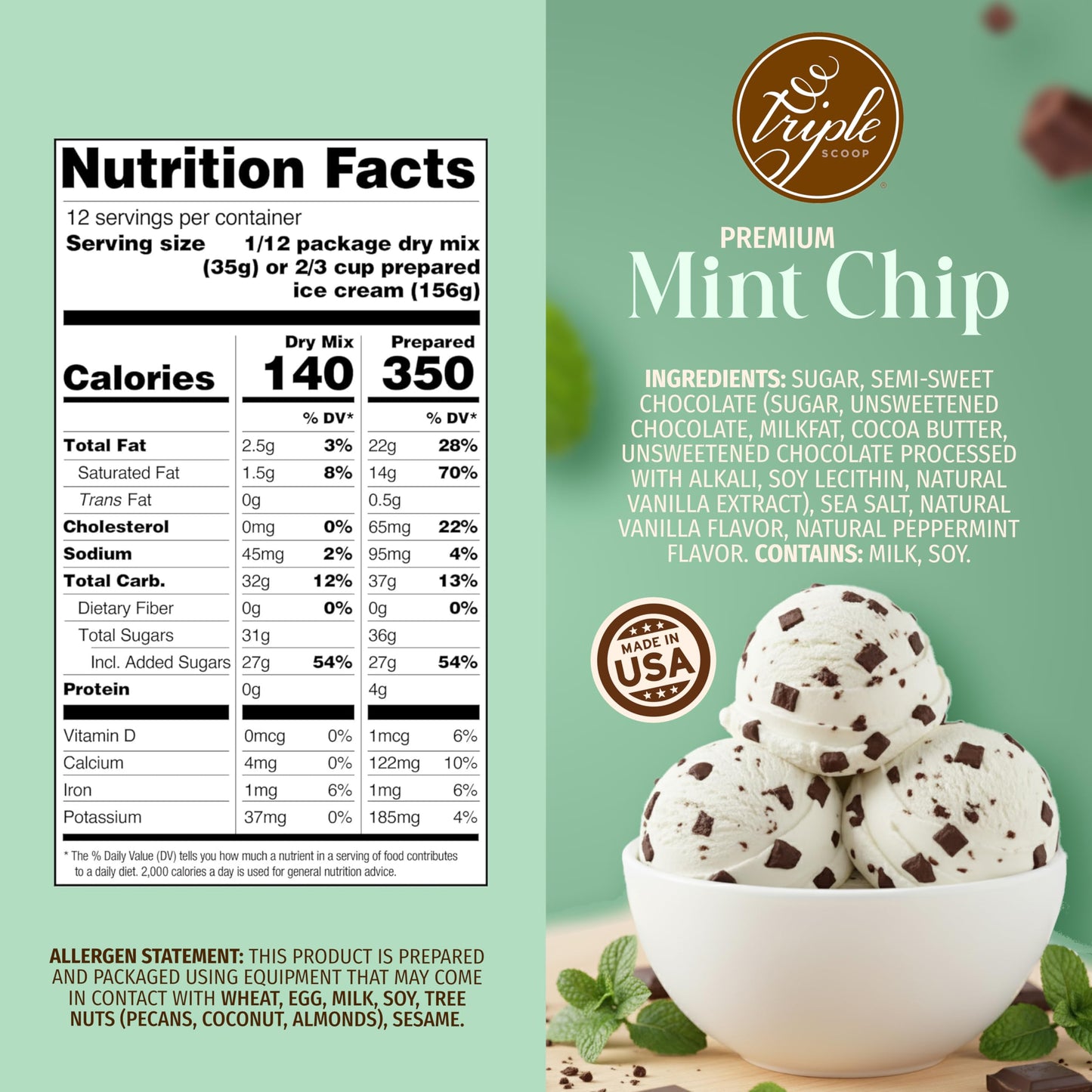 Triple Scoop Premium Mint Chocolate Chip Ice Cream Starter Mix, 1 Box, Makes 2 Quarts, Easy to Use, Made in USA