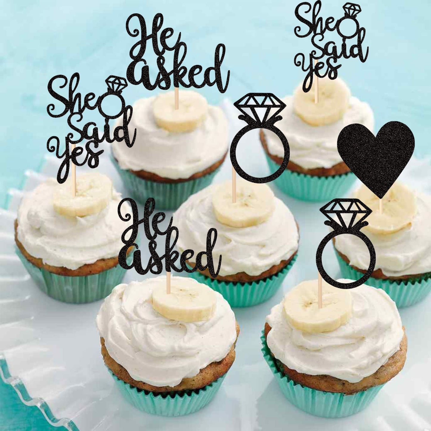 ZHUOWEISM Cupcake Toppers 24 PCS Glitter Heart Ring Bachelorette Wedding Engagement Party Decorations Small Black Bamboo