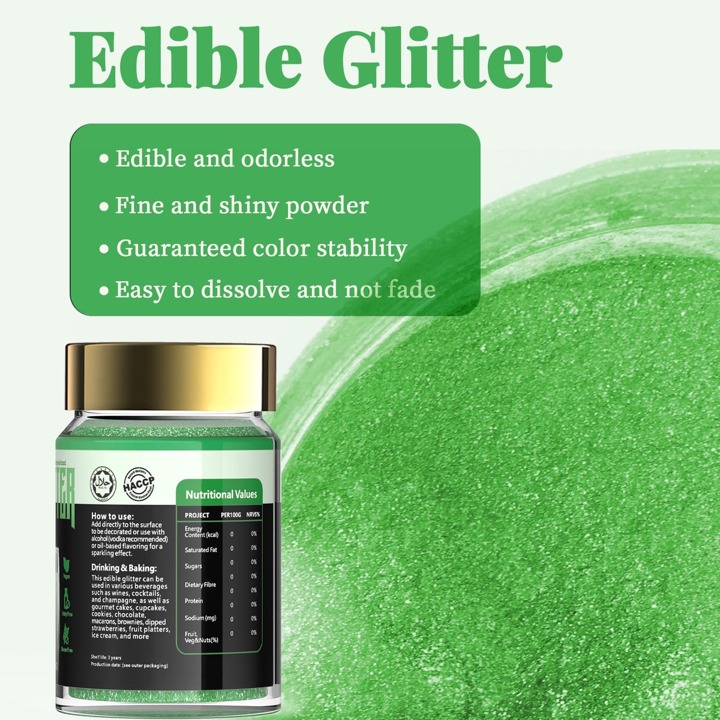 LOCDO Edible Glitter, Luster Dust for Food & Drinks, Vegan, Allergen-Free, Large 15G, Green