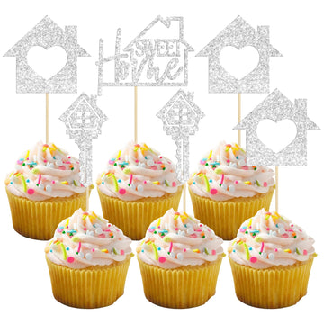 Gyufise 24 Pack Silver Sweet Home Cupcake Toppers Glitter Key Housewarming Cupcake Picks Decorations For New Home Theme Party Ca