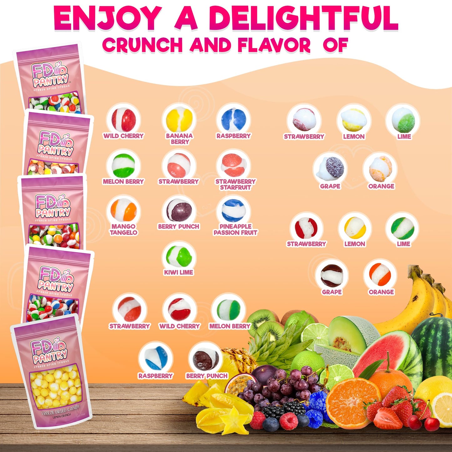 Freeze Dried Candy Variety Pack - Fruit Crunch 5 Pack, Fruit Crunch Original, Wildberry, Sour, Tropical, Lemon 4 Oz (5 Count) -