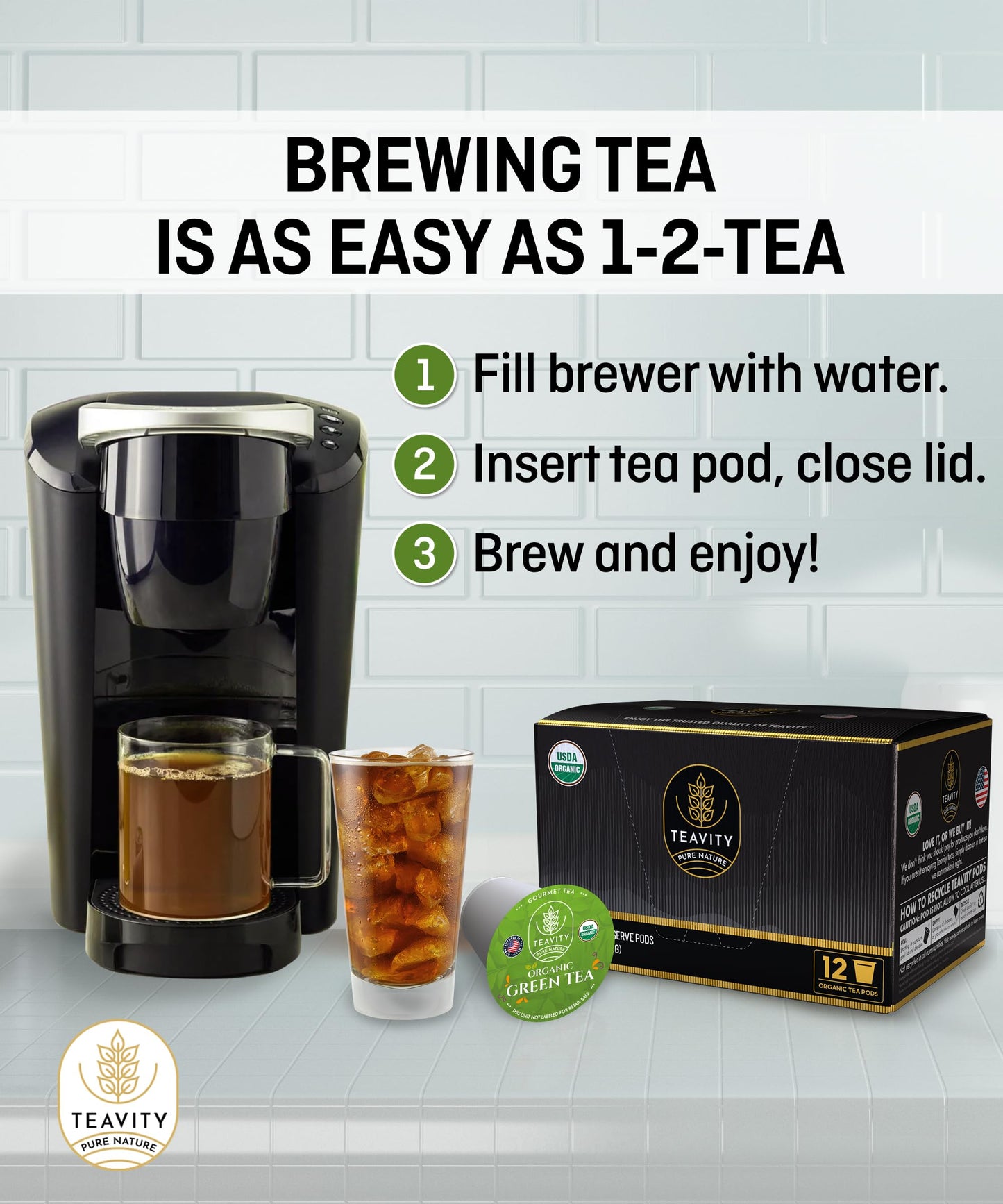 Teavity Organic Green Tea Pods for Keurig - Unsweetened - 12 Count