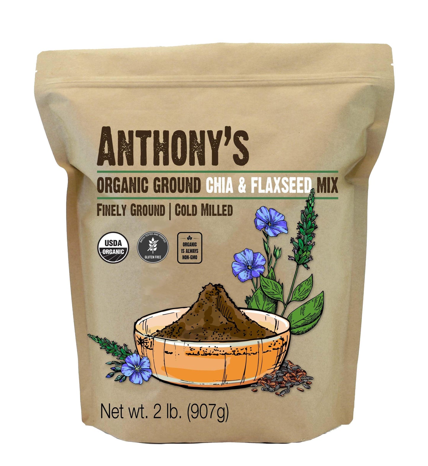 Anthonys Organic Ground Chia and Flaxseed Mix, 2 lb, Gluten Free, Finely Ground, Cold Milled, Non GMO