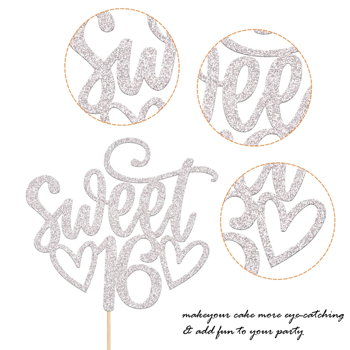 YCTHUNFISH 16th Birthday Cake Topper - Glitter 16th Birthday Decorations - Silver Bamboo Pick