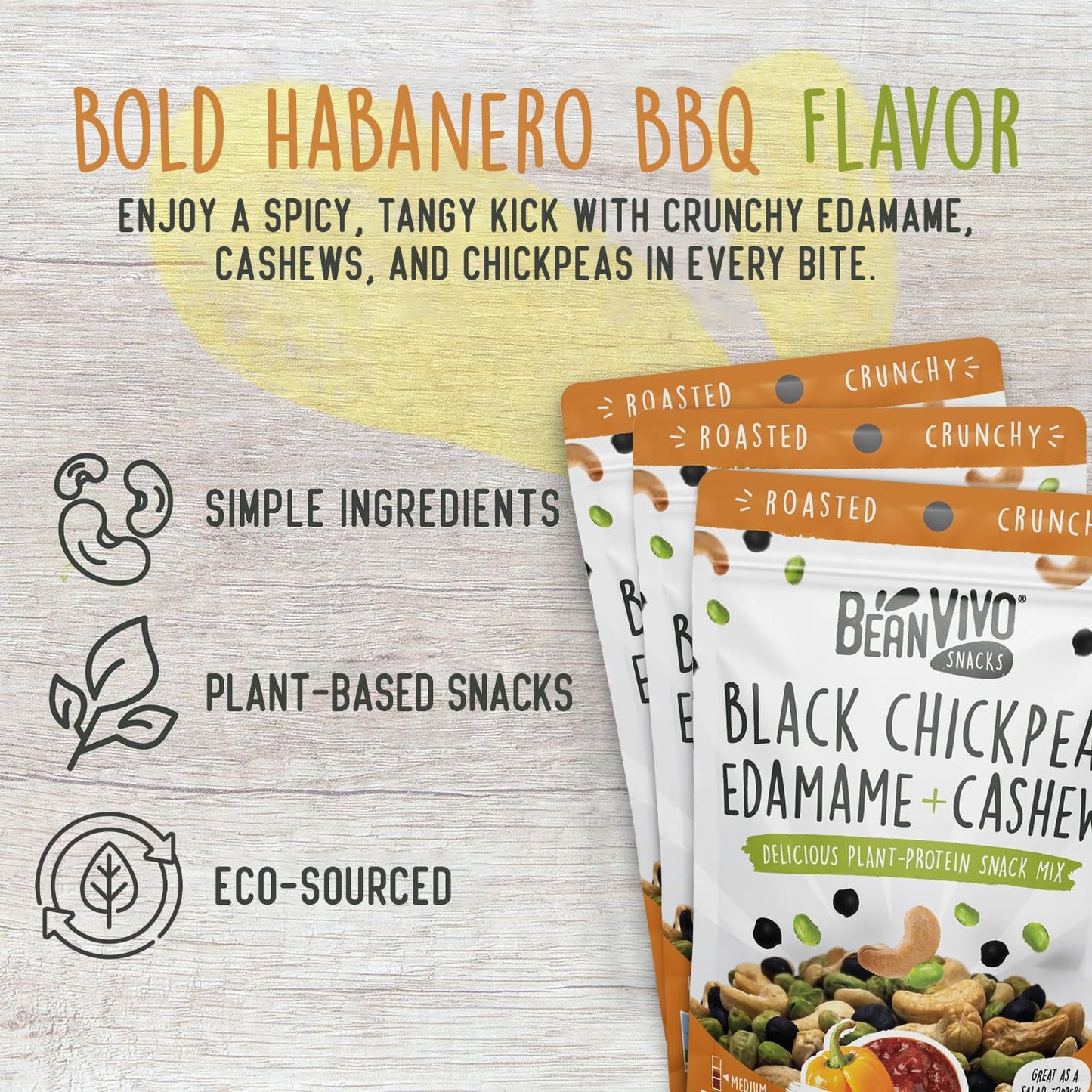 BeanVIVO Plant Based Protein Snacks - (7 Gram Protein) Habanero BBQ Flavor with Dried Edamame, Roasted Cashew and Chickpeas - No