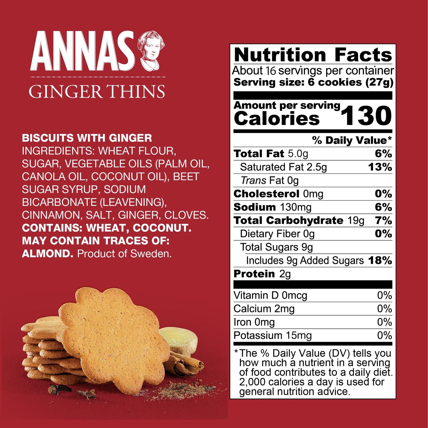 Annas Thins Tins - Ginger Pepparkakor Holiday Tin - 15.3 Ounce Tin (Pack of 1) non GMO + Vegan