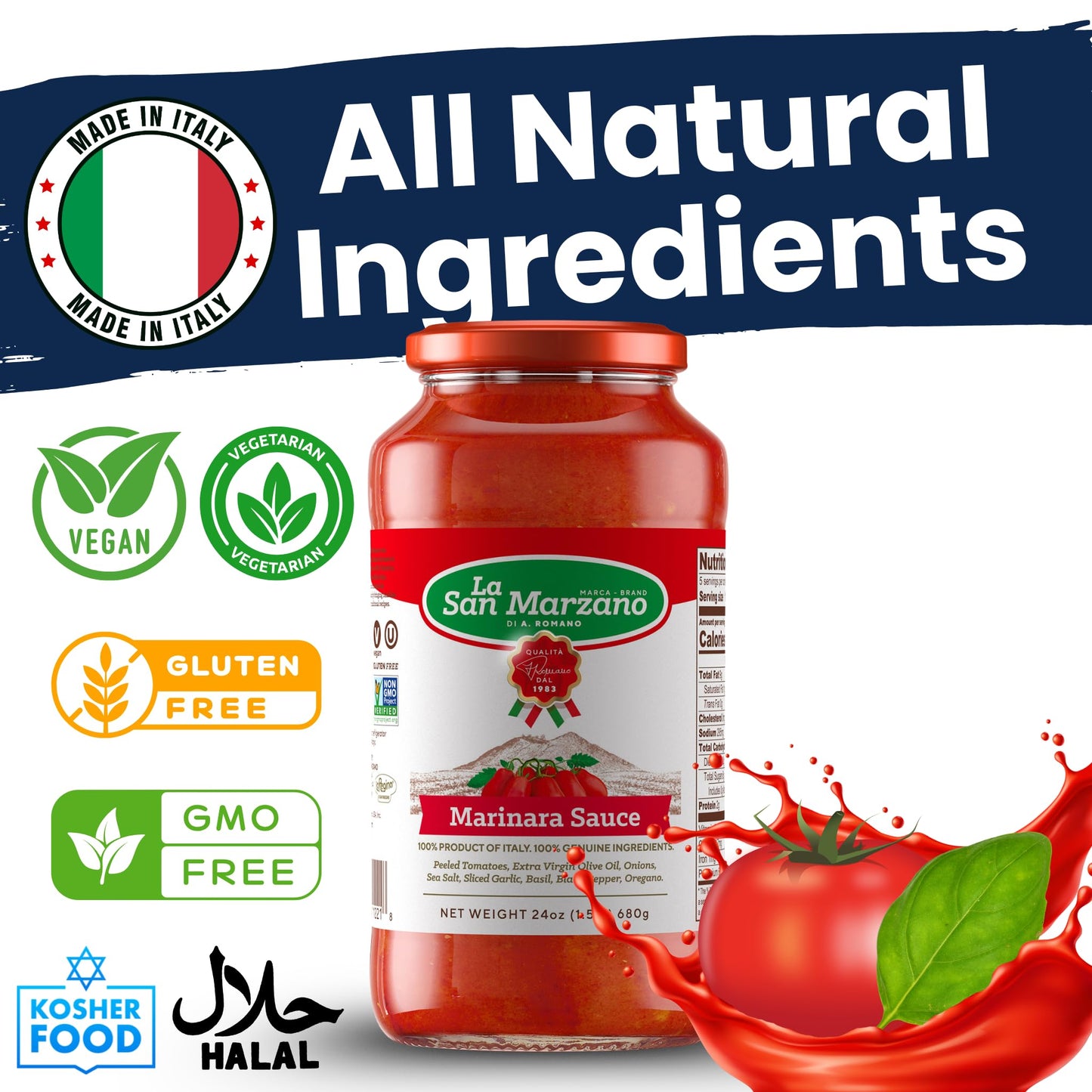 La San Marzano Marinara Sauce, All Natural, Non-GMO, Vegan, Gluten Free, 24 oz, Pack of 2