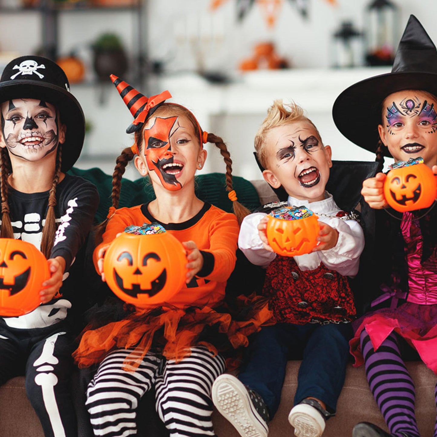 Halloween Candy Filled Pumpkin Bucket  Candy Pre-filled Large Pumpkin Bucket  Over 100 Candie   Spooky Party Favor Kit Jack O Lantern Bulk Candies Trick or Treat Kids Canndy Monster Gummies