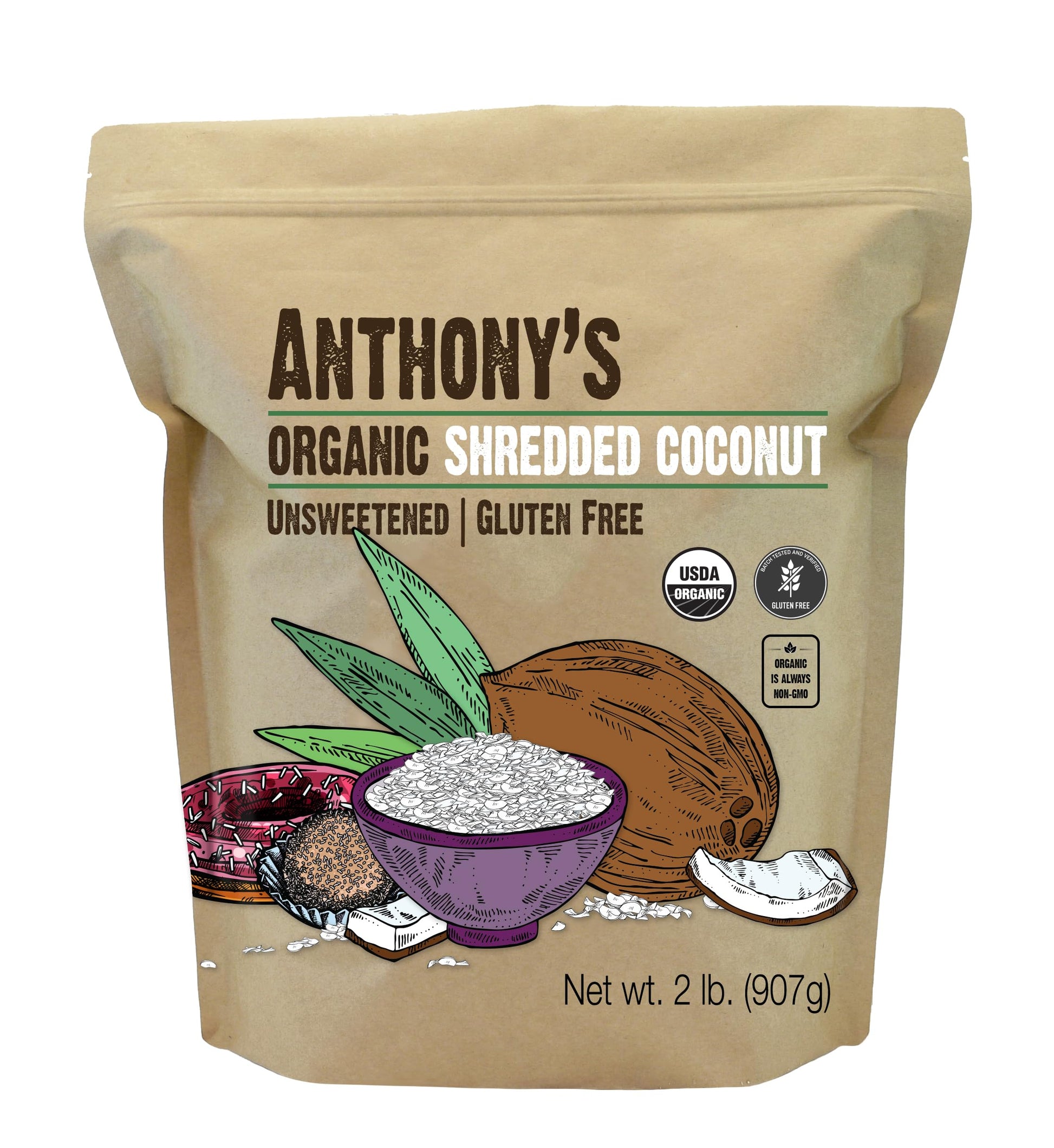Anthonys Organic Shredded Coconut, 2 lb, Unsweetened, Gluten Free, Non GMO, Vegan, Keto Friendly