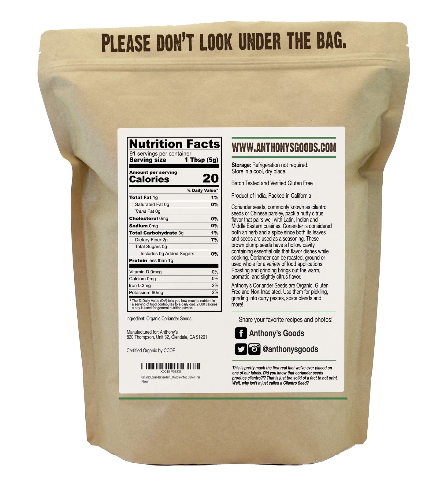 Anthonys Organic Coriander Seeds, 1 lb, Gluten Free, Non GMO, Non Irradiated, Keto Friendly