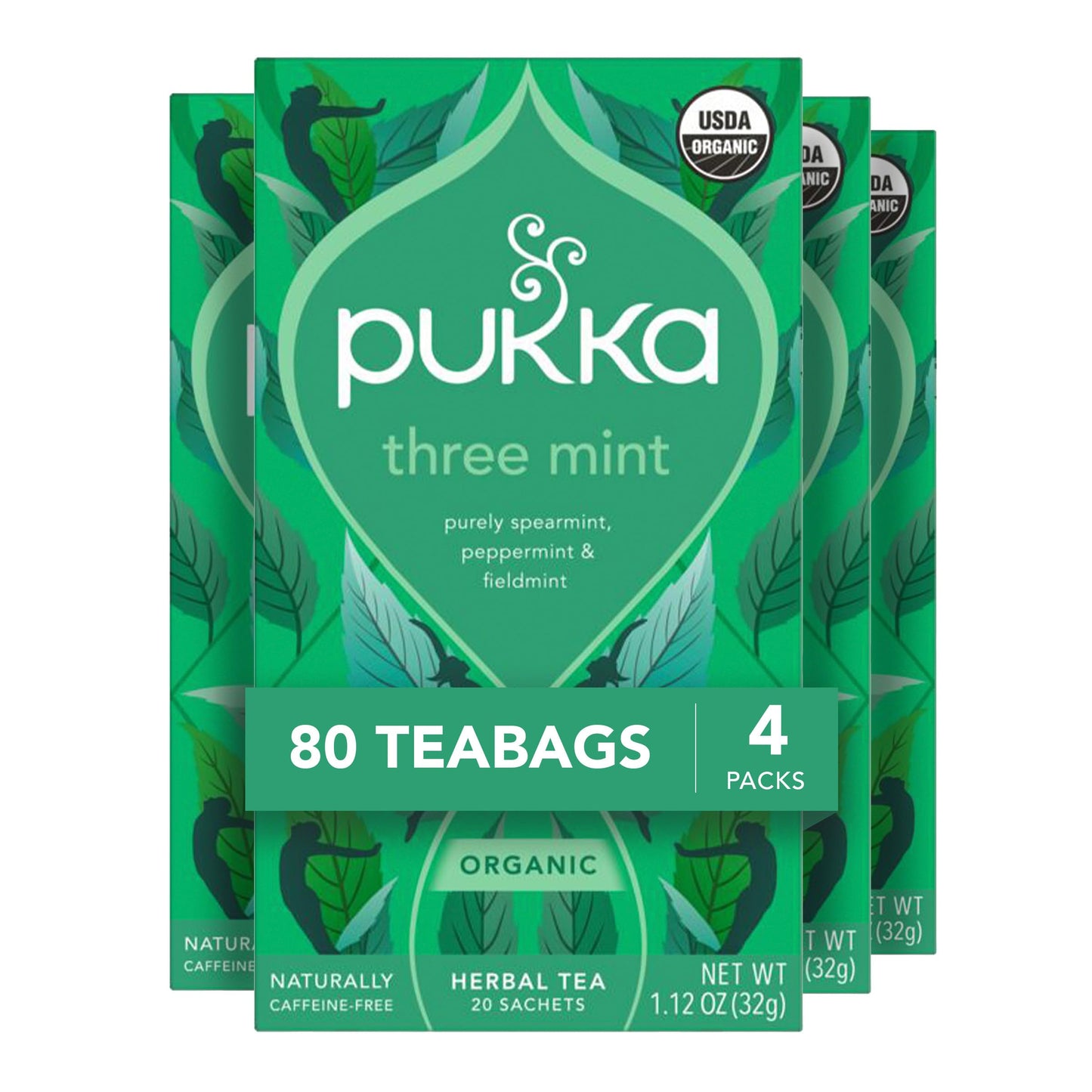 Pukka Three Mint Organic Herbal Tea Bags  After-Dinner Tea  Bags  80 Total Tea Bags (20ct - Pack of 4)