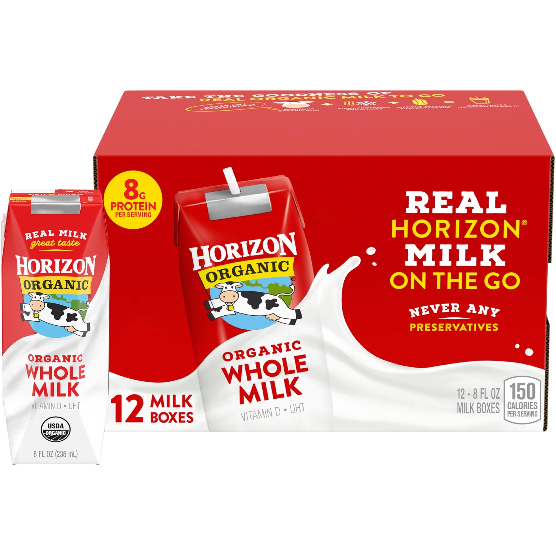 Horizon Organic Shelf Stable Whole Milk Boxes, 8 fl oz, 12 Count - 8g Protein per Serving, USDA Organic UHT from Pasture-Raised 