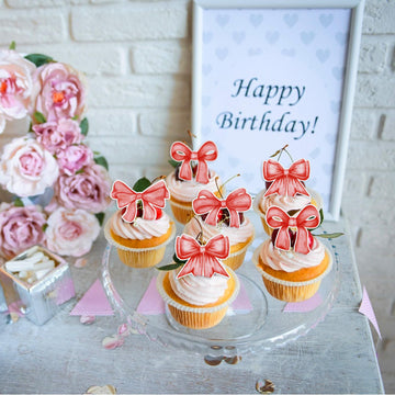 Cyodoos 40Pcs Edible Red Bowknot Cupcake Toppers Wafer Paper Bowknot Cake Dessert Picks Baby Shower Princess Cupcake Toppers For