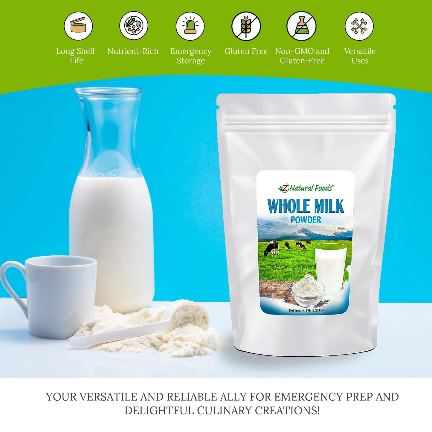 Z Natural Foods Whole Milk Powder - Non-GMO, Gluten-Free, Kosher, 80 Ounce
