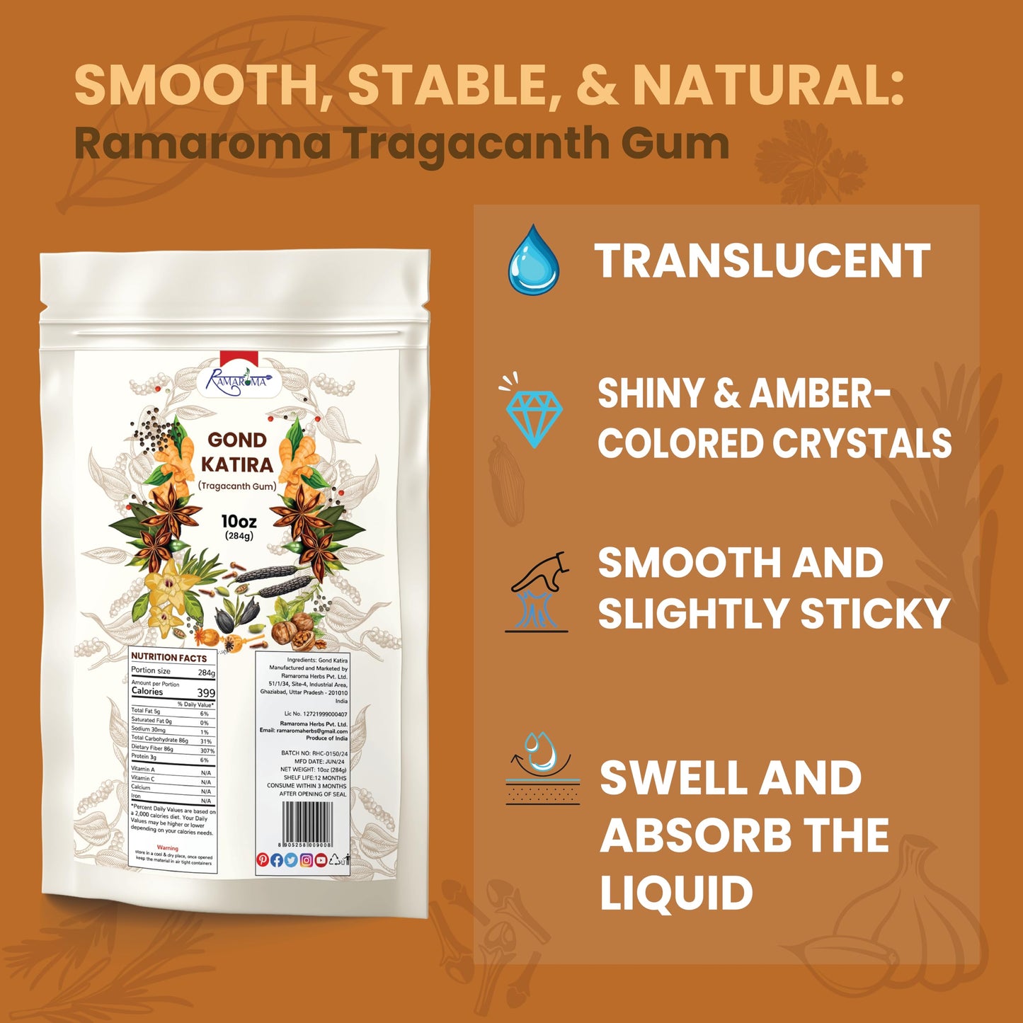 Ramaroma Gond Katira Organic Edible Gum, Vegan, Salt-Free, NON-GMO, 10.0oz (284g)