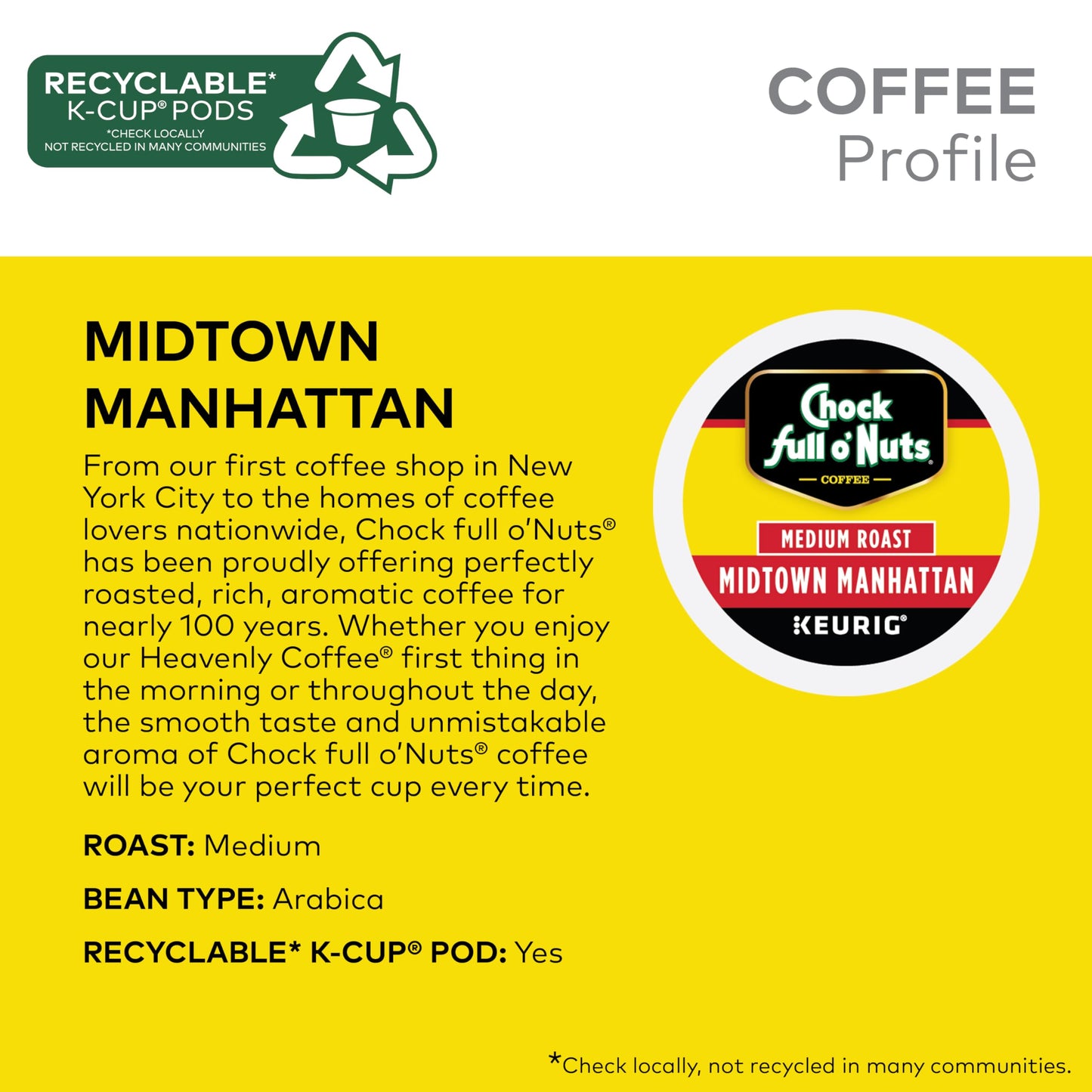 Chock Full Onuts Keurig K-Cup Pods - Midtown Manhattan - Medium Roast - Premium Arabica, 24 Count, Pack Of 4