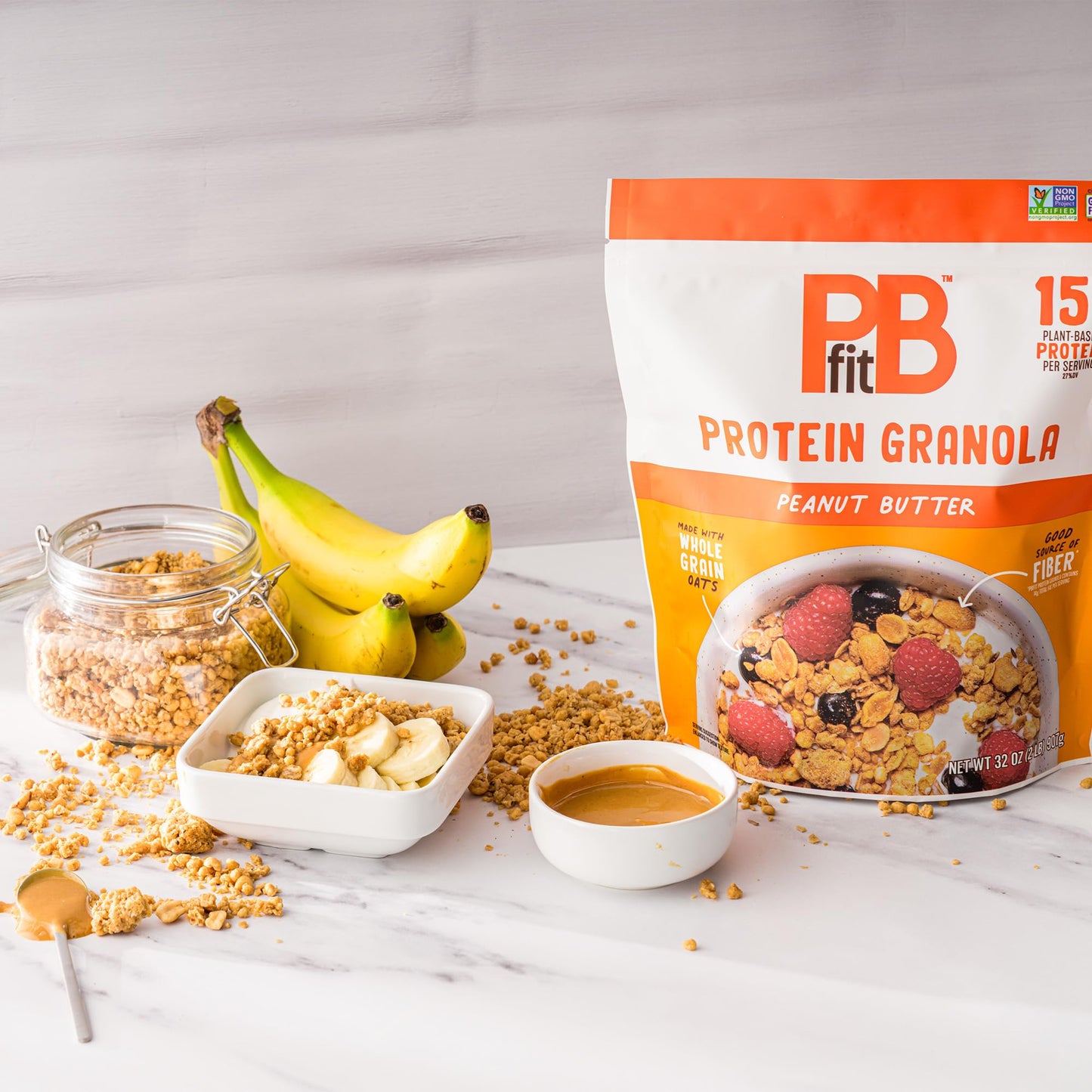 Pbfit Peanut Butter Protein Granola, 15G Plant-Based Protein 22% Dv, Made With Whole Grain Oats And Chia Seeds, Gluten Free, For