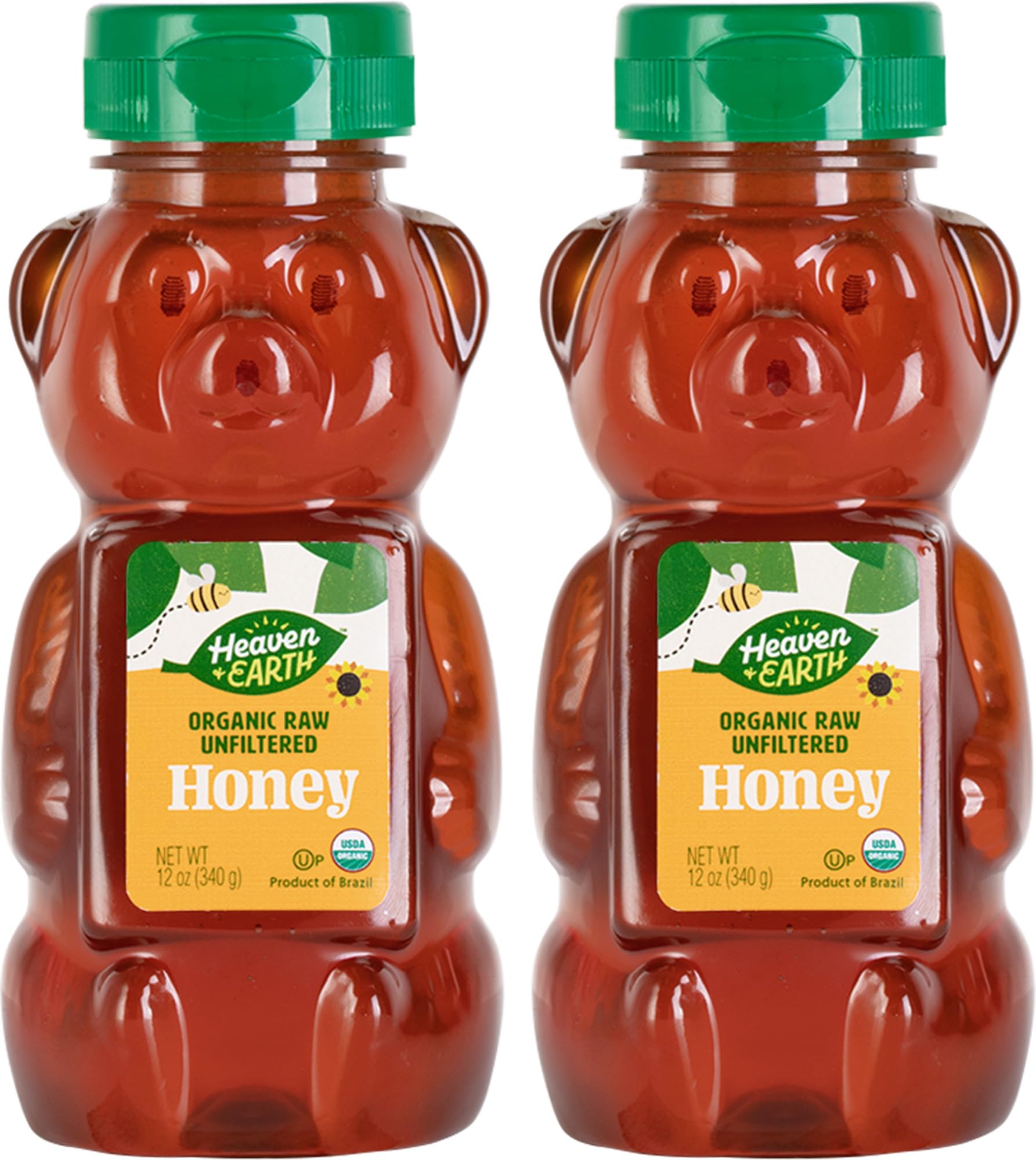 Heaven & Earth Organic Raw Unfiltered Honey, 12 oz (2 Pack) | USDA Certified | Bear Shaped Squeeze Bottle | Pure & Natural Honey