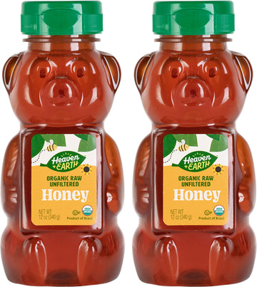Heaven & Earth Organic Raw Unfiltered Honey, 12 oz (2 Pack) | USDA Certified | Bear Shaped Squeeze Bottle | Pure & Natural Honey