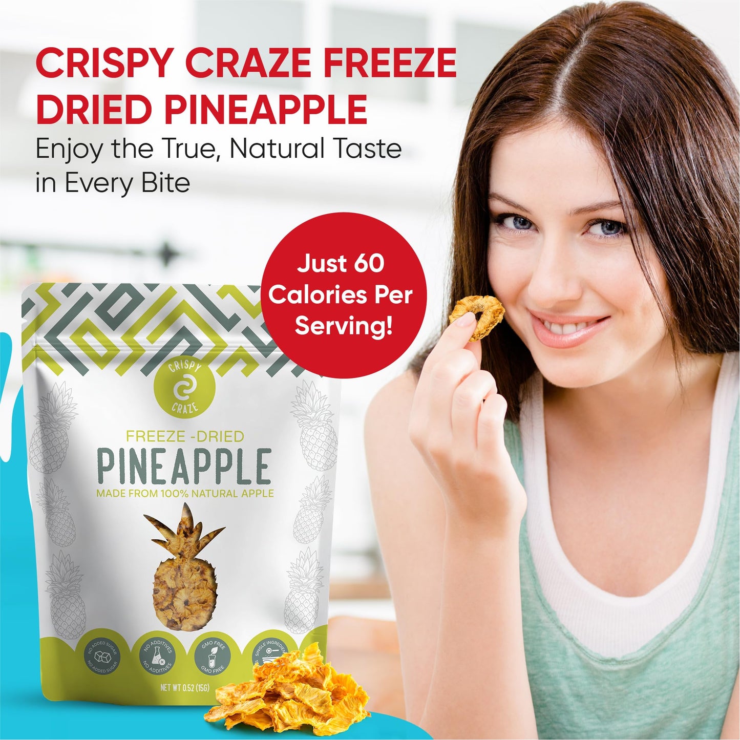 Crispy Craze Freeze Dried Pineapple (24 Snack Sized Bags, 0.52 Oz Each), Pineapple Fruit Crisps, Non Gmo, Healthy Snack, No Adde