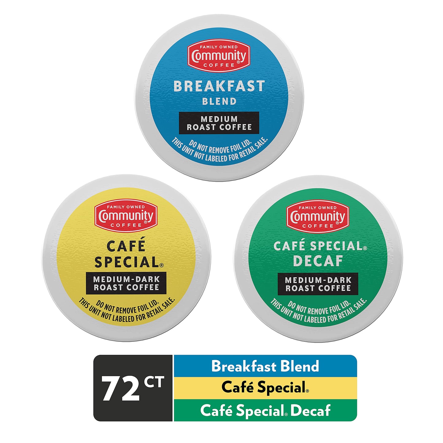 Community Coffee All Day Variety Pack, Medium Dark Roast, Decaf, 72 Count Coffee Pods, Compatible with Keurig 2.0