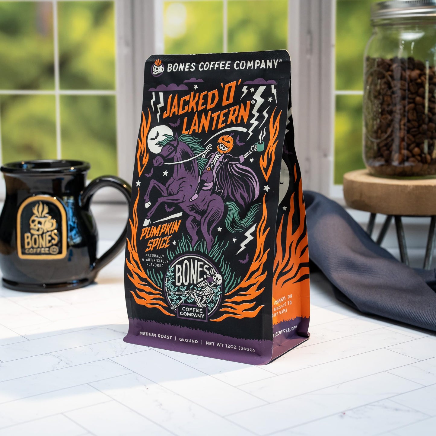 Bones Coffee Company Jacked O' Lantern Pumpkin Spice Flavored Whole Beans | 12 Oz Medium Roast Arabica Low Acid Coffee | Gourmet