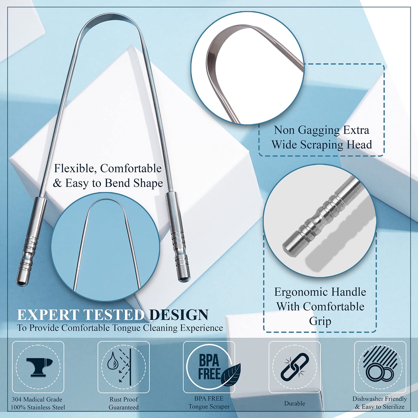 MasterMedi Tongue Scraper with Travel Case - Easy to Use Tongue Cleaner for Oral Care & Hygiene, Single Pack for Adults