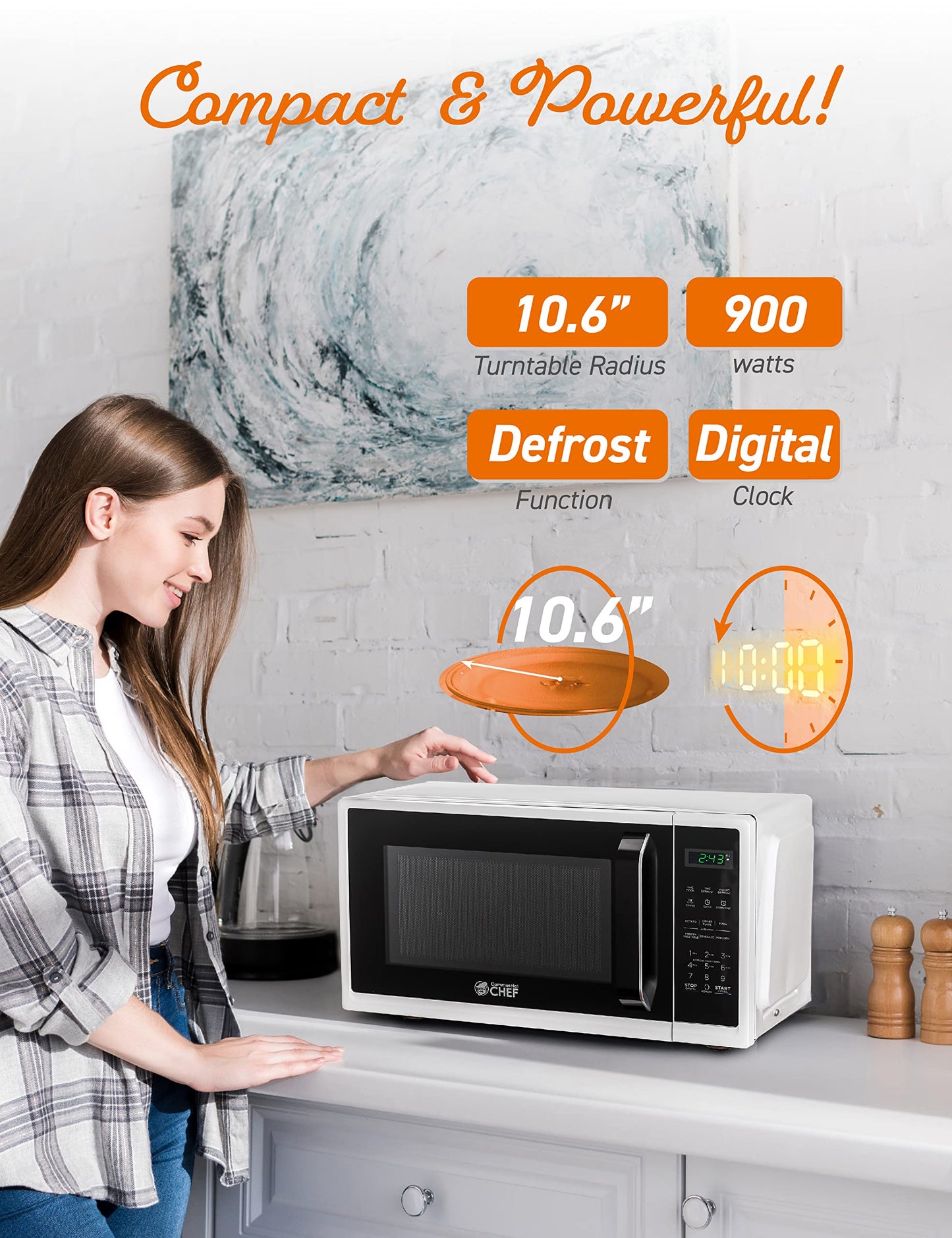 Commercial Chef Small Microwave 09 Cu Ft Countertop Microwave With Digital Display, White Microwave  10 Power Levels, Outstandin