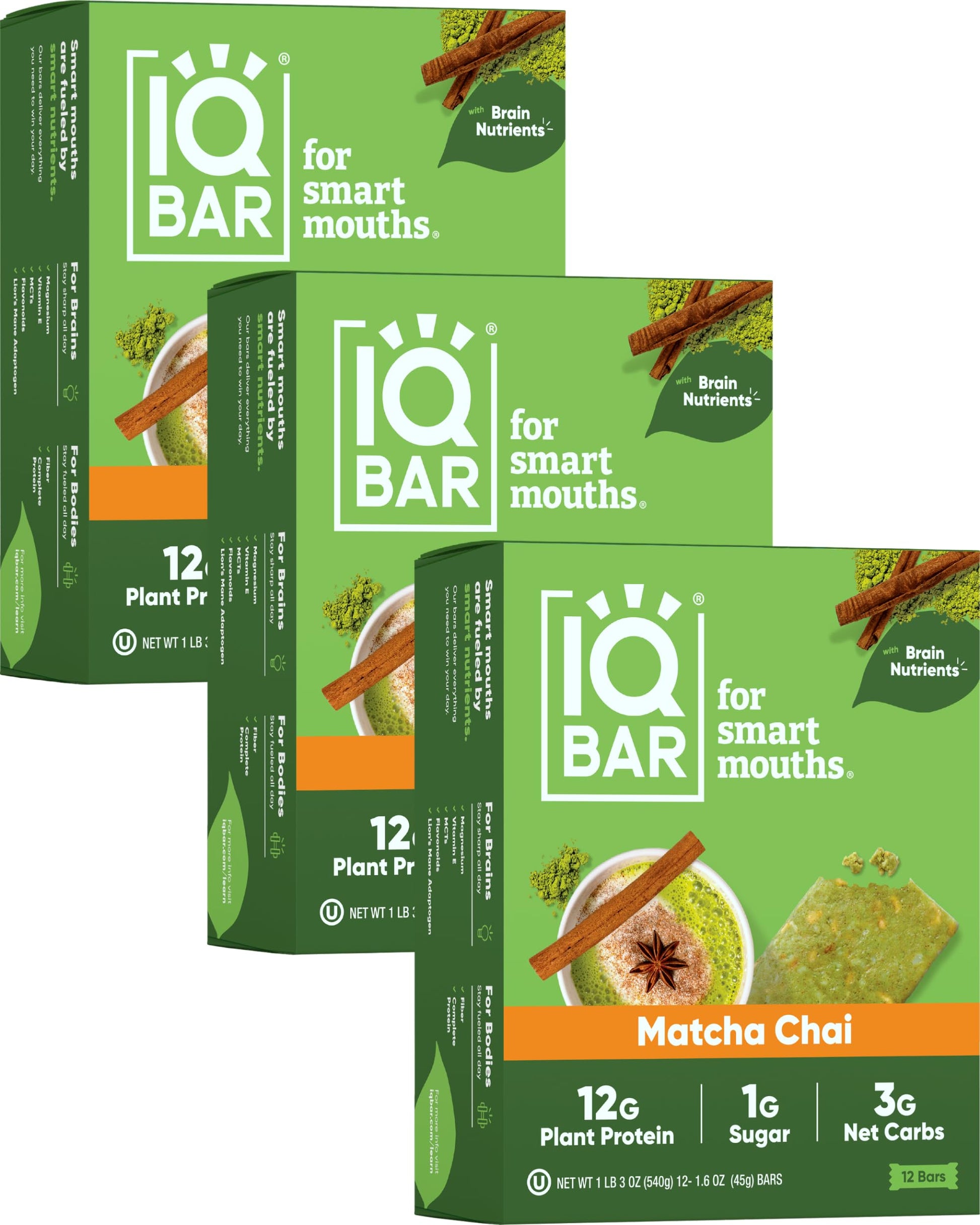 IQBAR Keto Protein Bars - Matcha Chai - 36 Count - Low Carb, High Fiber, Vegan Snacks
