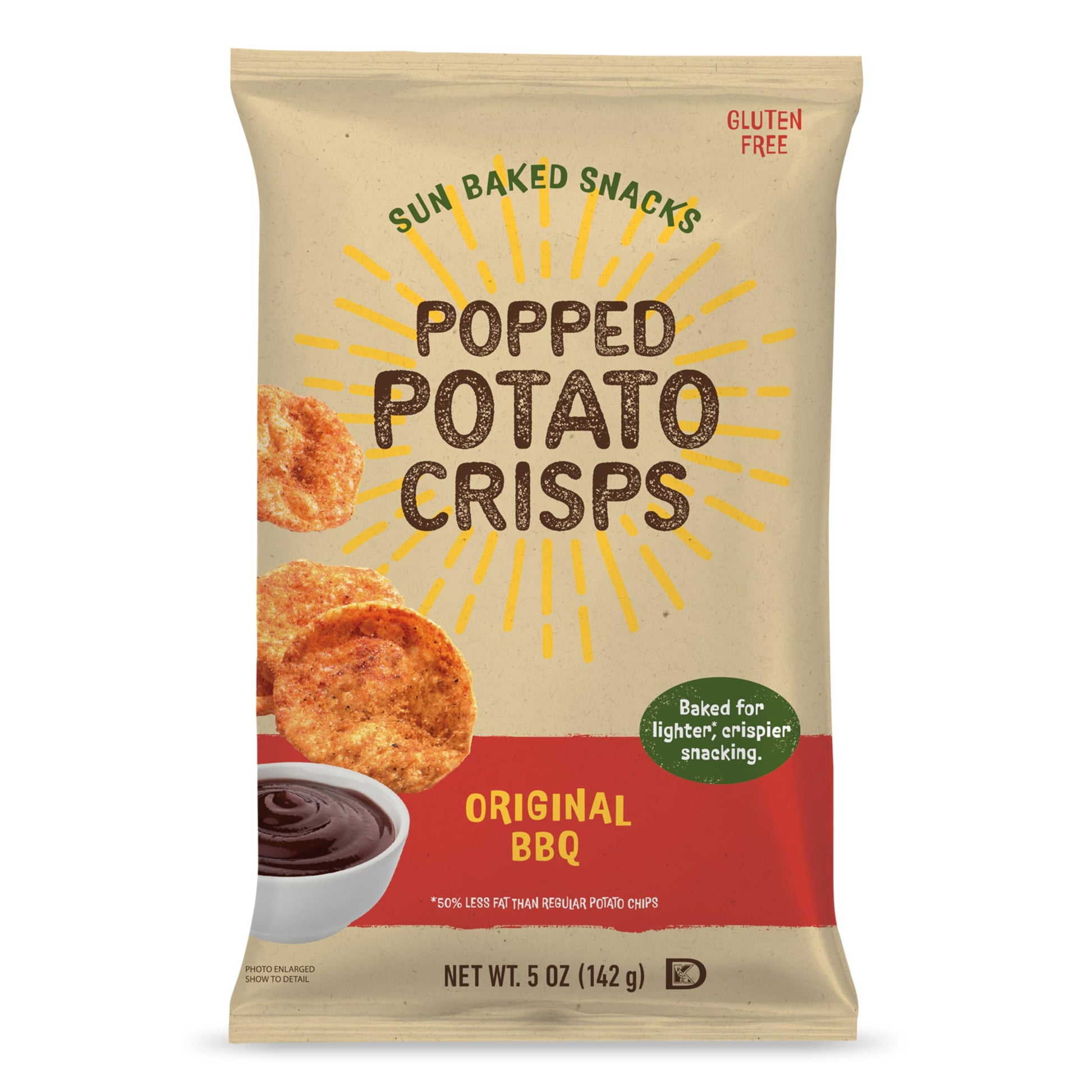 Sun Baked Snacks Original BBQ Popped Potato Crisps, Gluten-Free, Crunchy & Light, 50% Less Fat, Baked Snack Share Bag - Kids & A