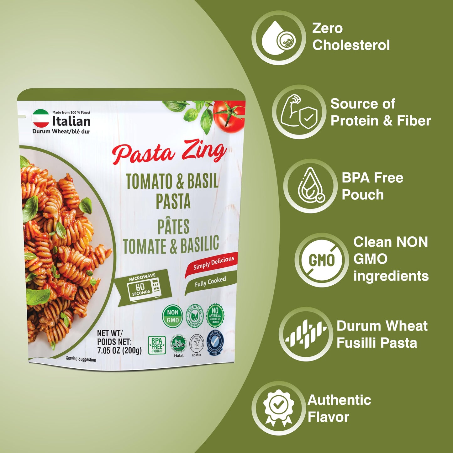 Pasta Zing Tomato & Basil Pasta, Authentic Italian Al-Dente Texture, Ready in 1 Minute, Made with Durum Wheat, 14g Protein 8.6g