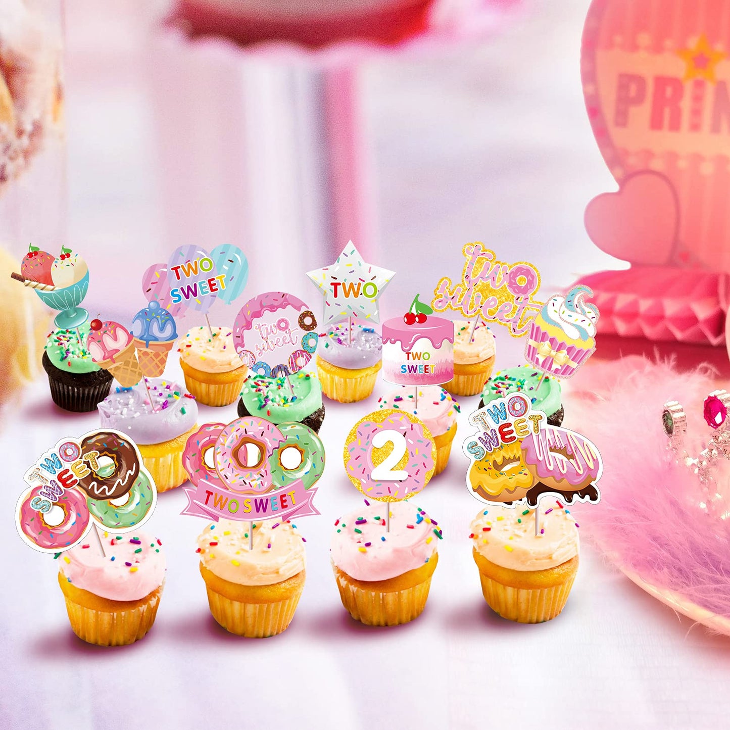 48Pcs Donut Party Decorations Two Sweet Birthday Cupcake Toppers, Donut Grow Up Theme Donut 2Nd Birthday Cake Topper Supplies Fo