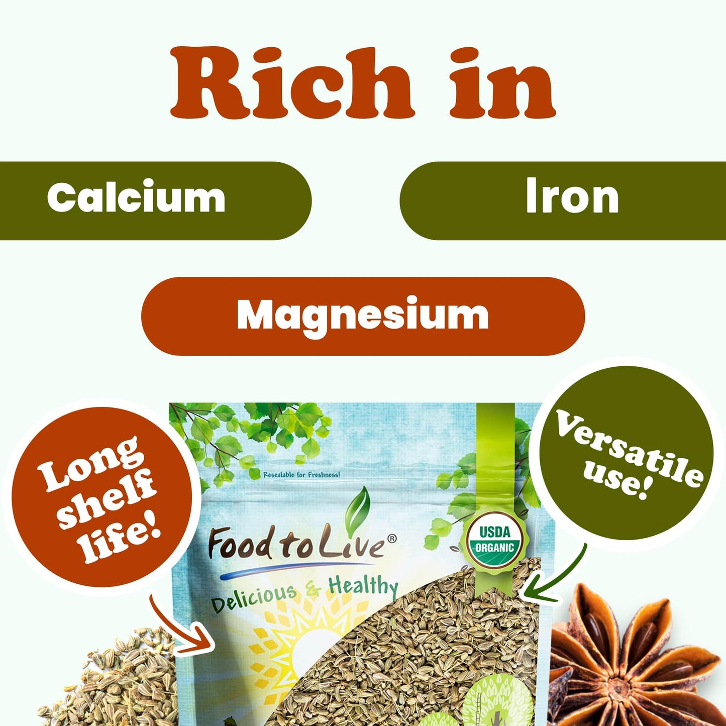 Food To Live - Organic Anise Seeds, 1.5 Pounds - Non-Gmo. Great For Tea, Baking, Pickling And Cooking. Non-Irradiated. Whole Dry