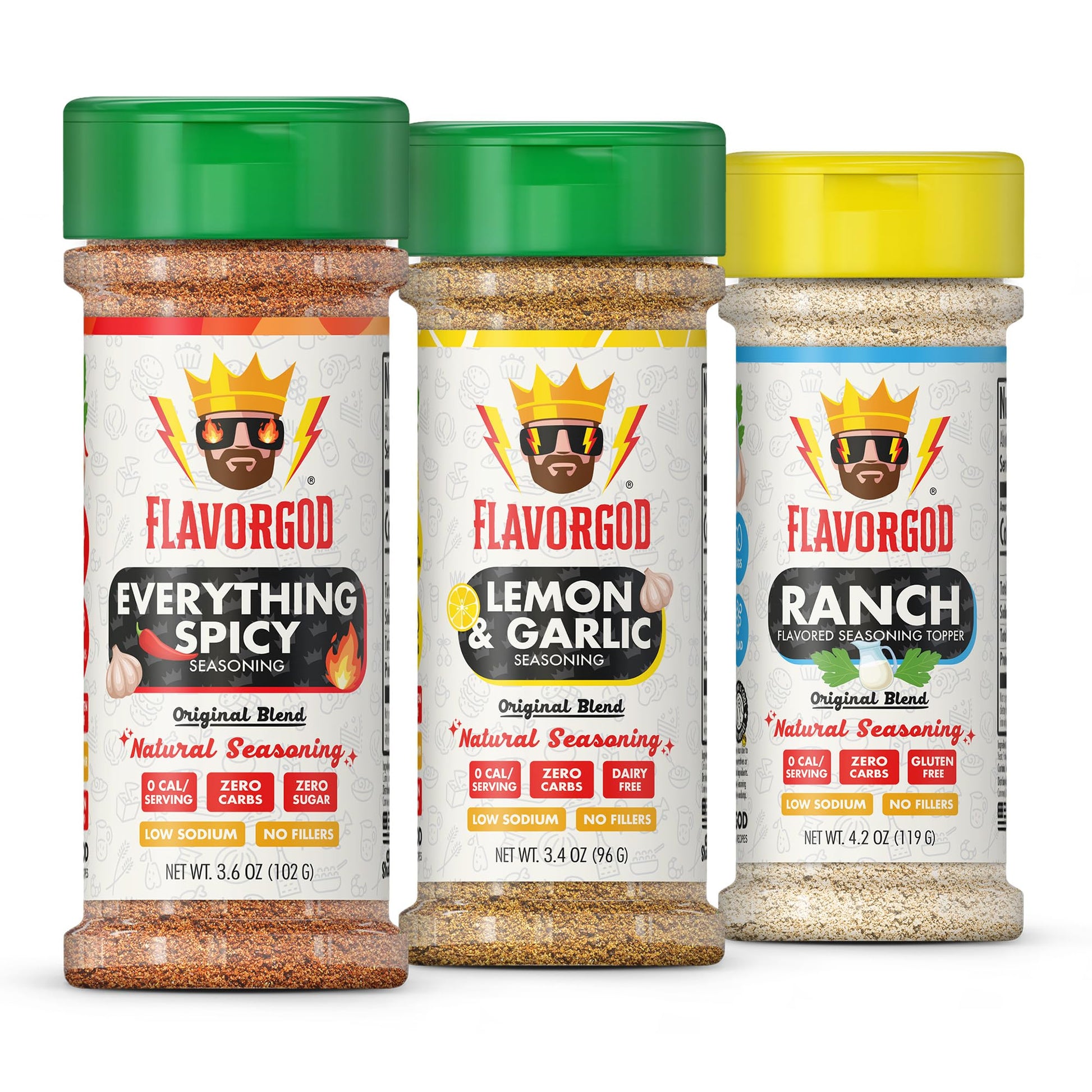 Wings Combo Pack Of 3, Herbs, Spices, Topper And Seasoning Gift Set - Everything Spicy, Lemon & Garlic, And Ranch - Enhanced All Natural & Healthy Spice Blend - Flavor God Seasonings