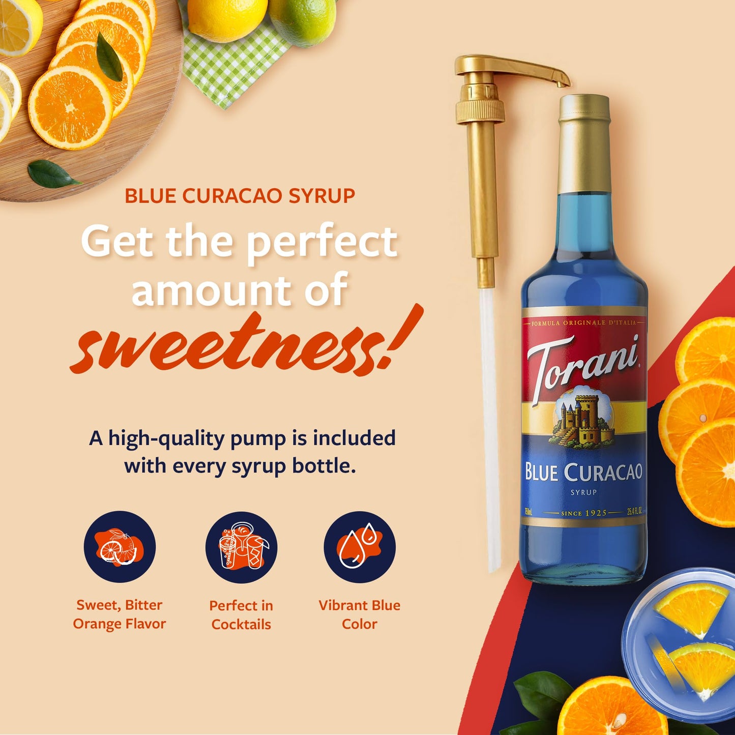 Torani Blue Curacao Syrup - Non-  ic Drink Flavoring, 25.4 Fl Oz, Glass Bottle with Pump Included
