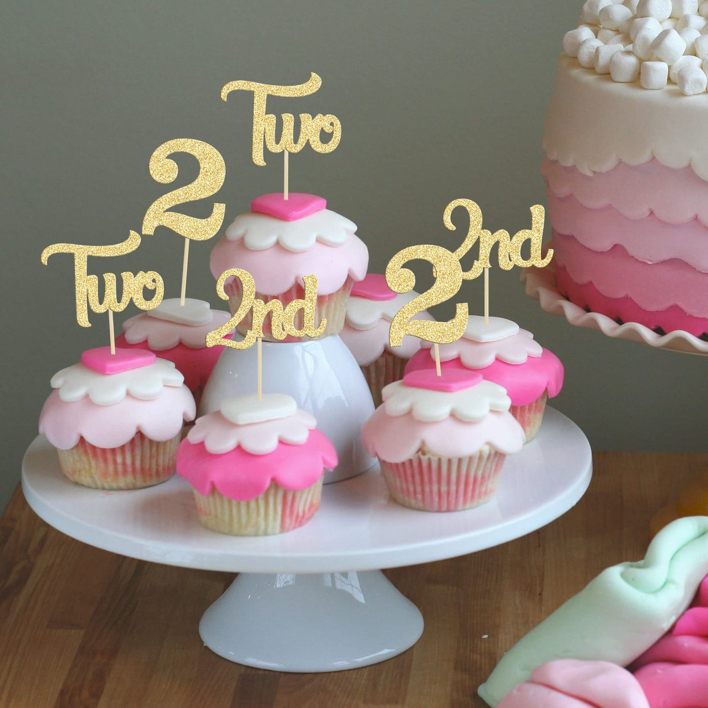 24Pcs 2Nd Birthday Cupcake Toppers Glitter Second Birthday Two Cupcake Picks For Baby Shower 2Nd Birthday Anniversary Party Cake