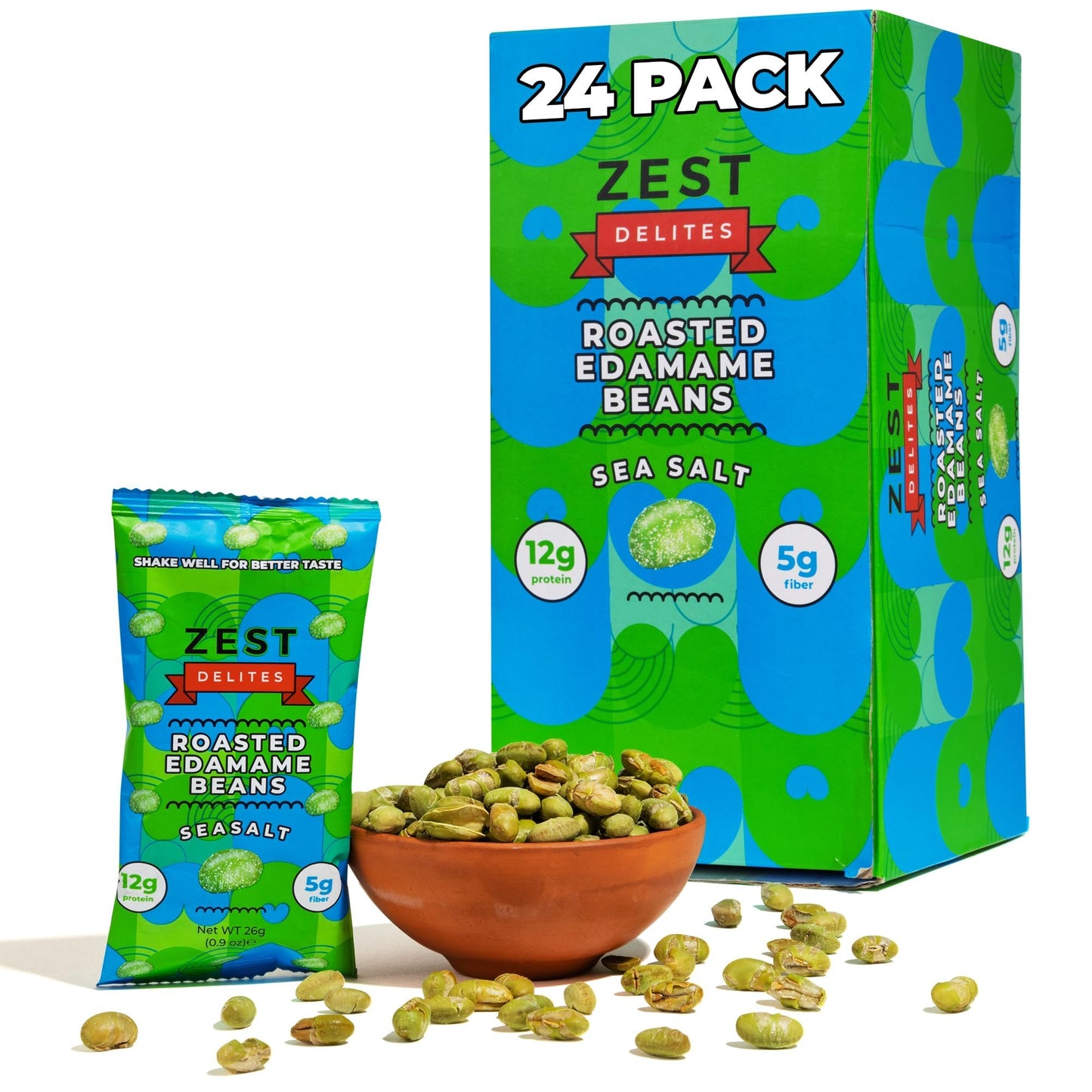 Crunchy Dry Roasted Edamame Beans Snack by Zest Delites, Sea Salt, Vegan, Low Calorie (110cal) High Protein Snacks (12g), Low Ca