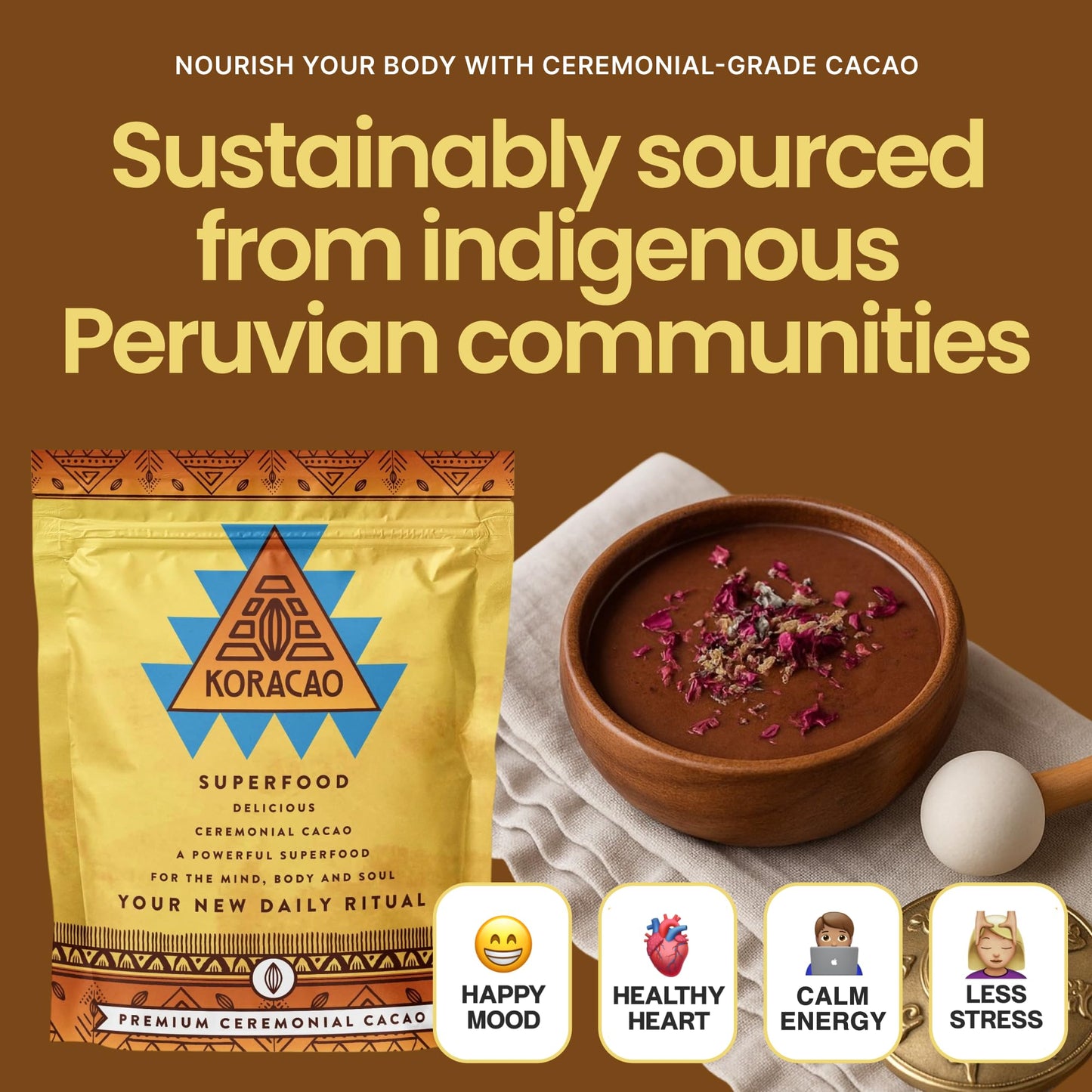 KORACAO Sustainably Harvested Cacao | Ideal Superfood for Everyday Bliss | Ceremonial Grade Cacao | Enhance Your Spiritual Journey with Ancient Superfood Delight - 1/2 Pound