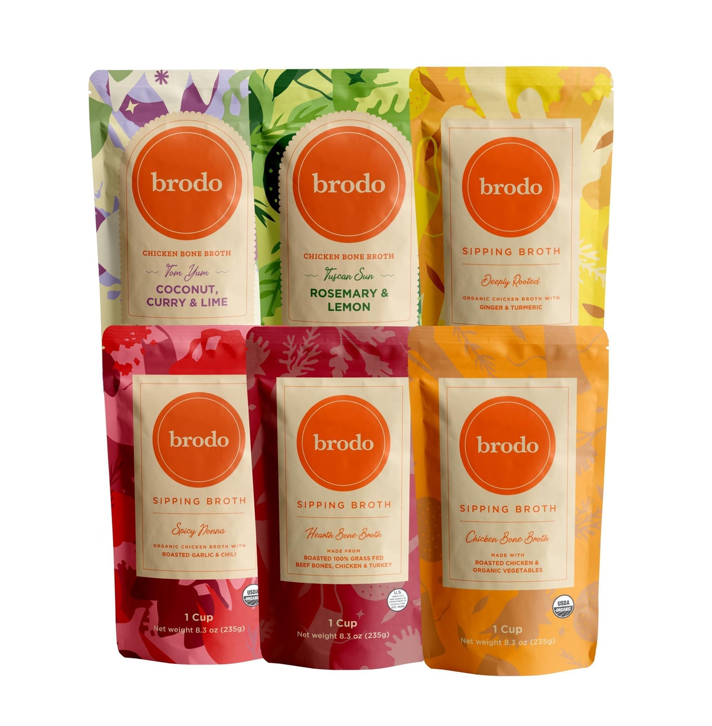 Brodo Broth Variety Pack | 1 Chicken, 1 Hearth, 1 Deeply Rooted, 1 Spicy Nonna, 1 Tom Yum, 1 Tuscan Sun Single Serving Pouches |