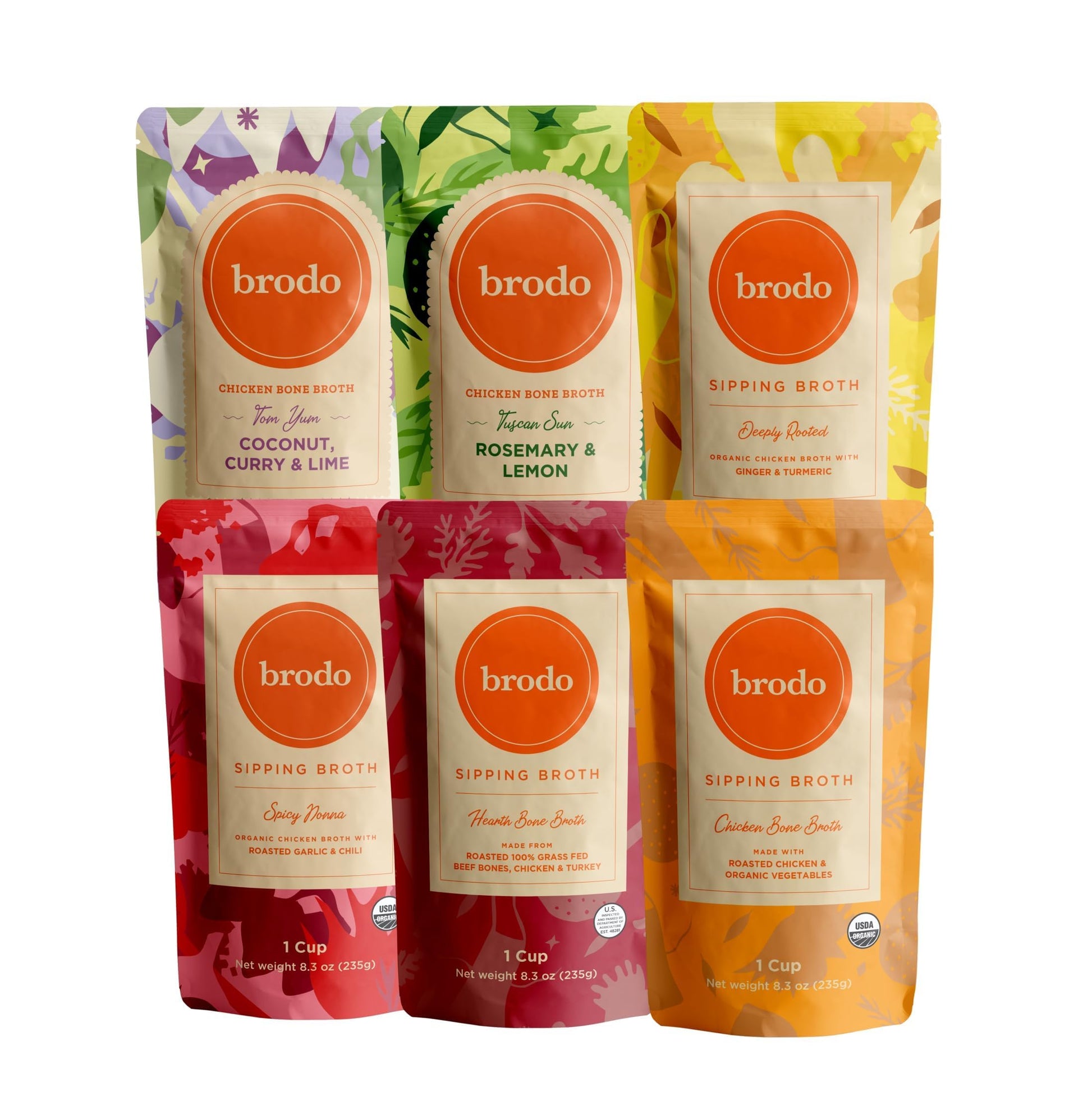 Brodo Broth Variety Pack | 1 Chicken, 1 Hearth, 1 Deeply Rooted, 1 Spicy Nonna, 1 Tom Yum, 1 Tuscan Sun Single Serving Pouches |