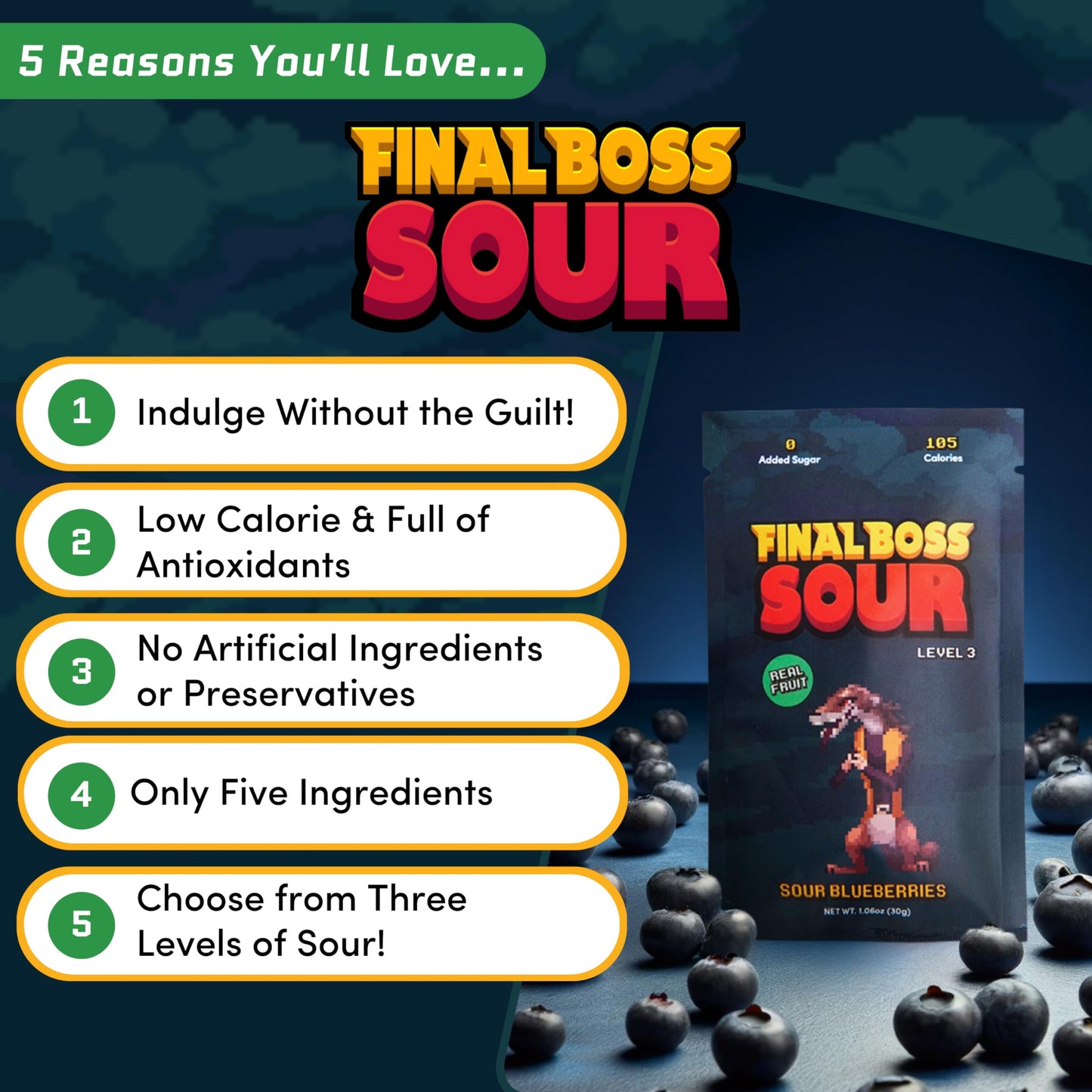 Final Boss Extremely Super Sour Candy, Natural Chewy Blueberry Gummies Made With Dried Fruit, Free Of Artificial Colors, Low Cal