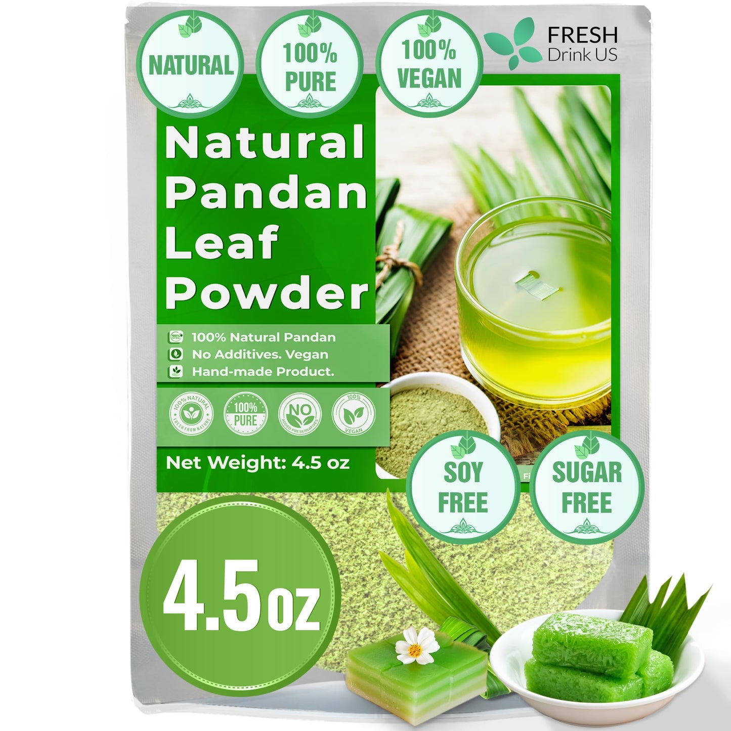 FRESHDRINKUS Premium Pandan Leaf Powder, 100% Natural, 4.5oz, Green Food Coloring, Vegan, No Additives, Gluten-Free
