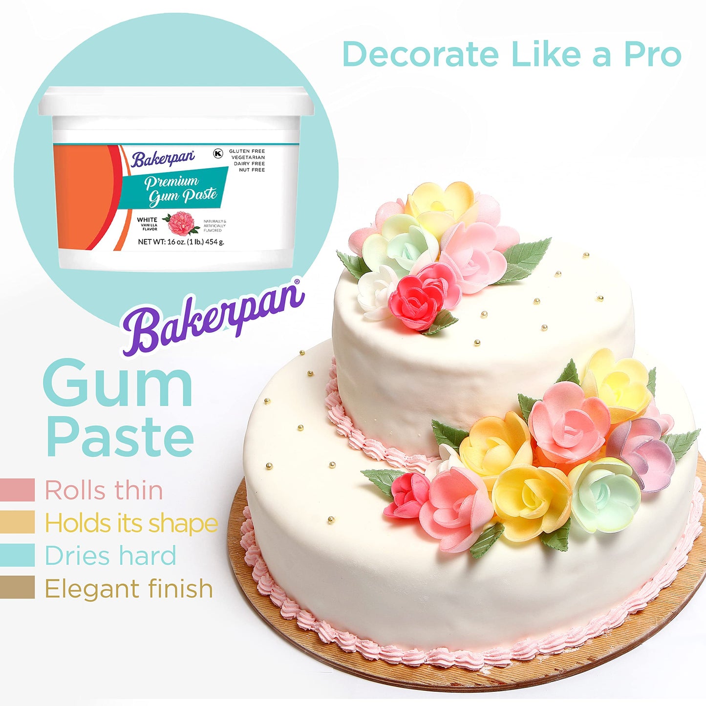 Bakerpan White Gum Paste For Cake Decorating, Create Flowers, Leaves, Elegant Ruffles - 1 Pound, Vanilla Flavor (Made In Usa)