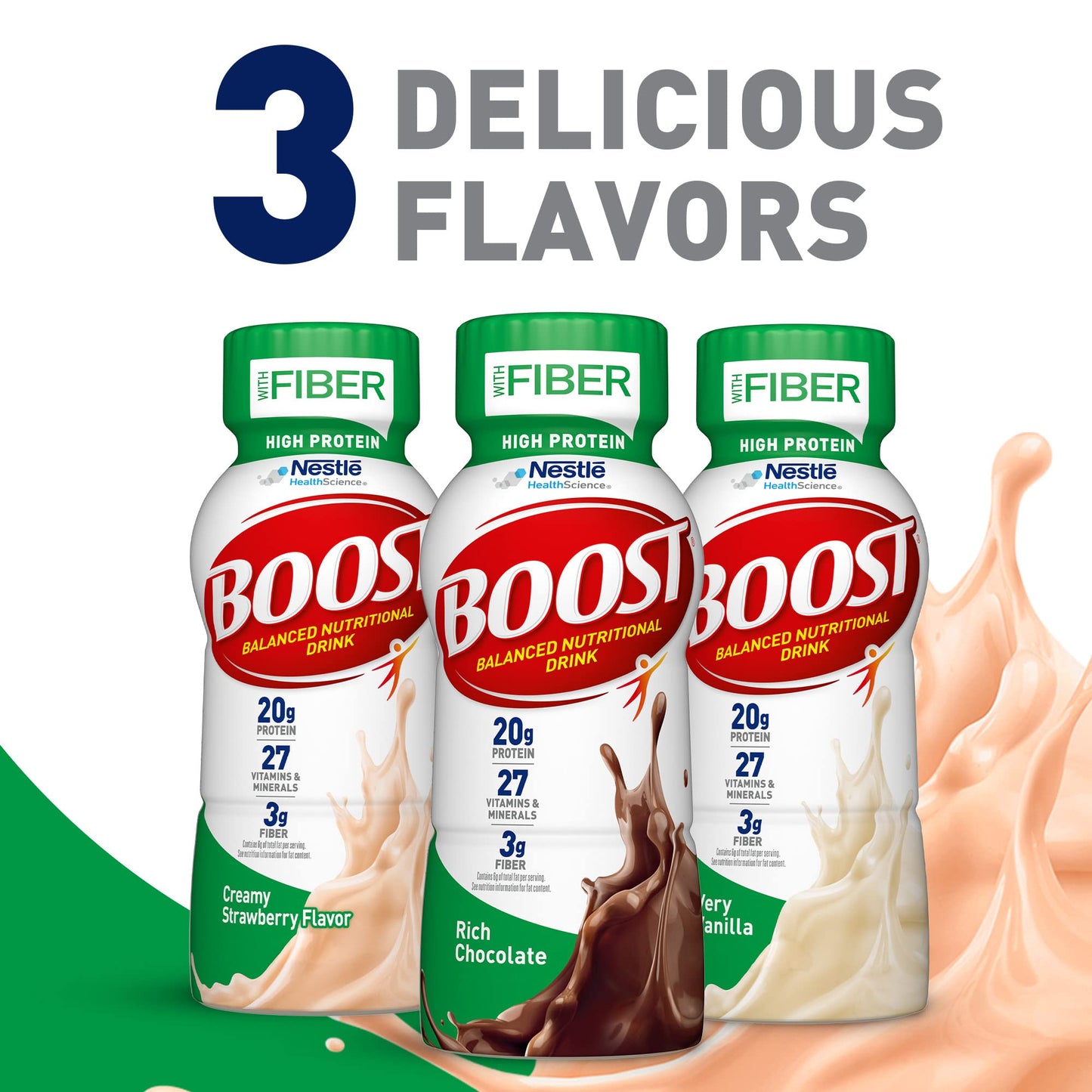 BOOST High Protein Nutritional Drink, Creamy Strawberry, 8 fl oz Bottle, Pack of 24, Fiber Enriched