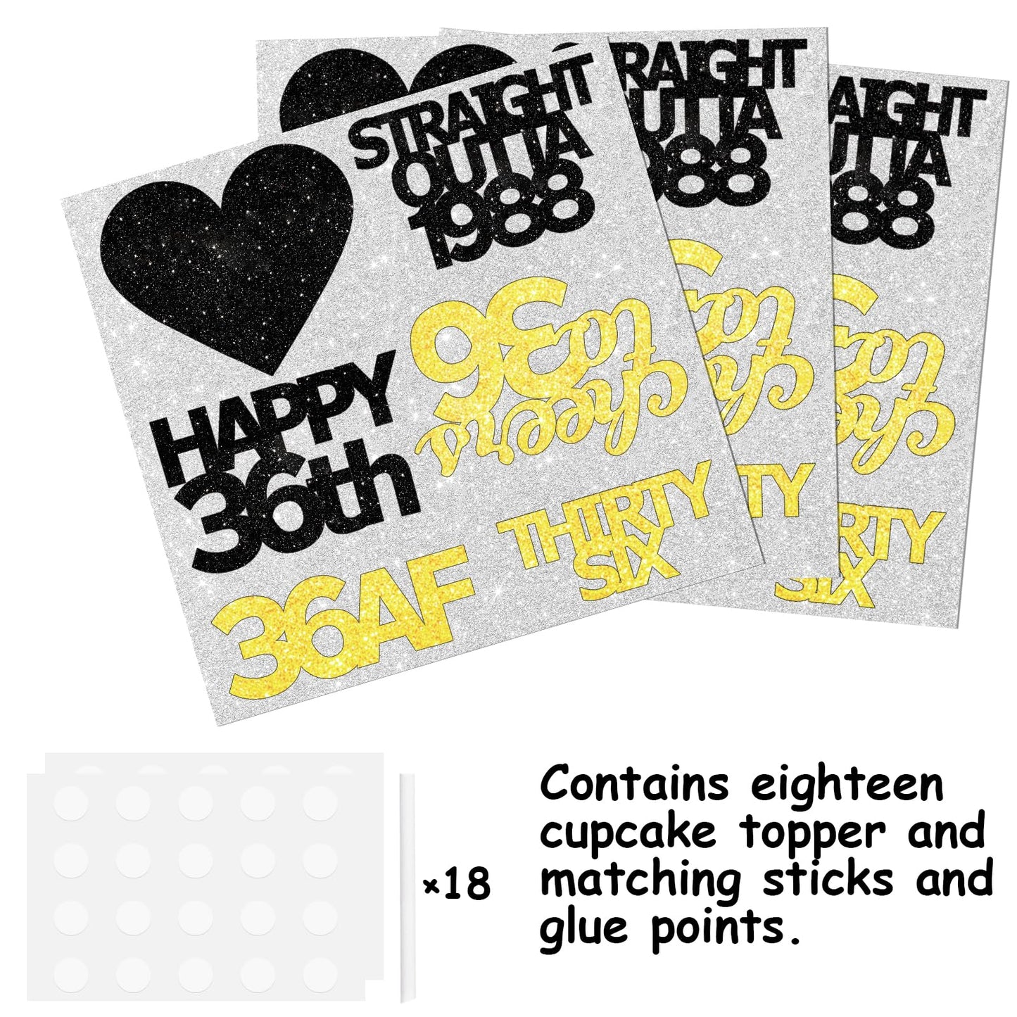 18Pcs Black Gold Glitter Dessert Cupcake Pick For Straight Outta 1988 Cheer To 36 Years Old Theme Decor Supplies Happy 36Th Birt