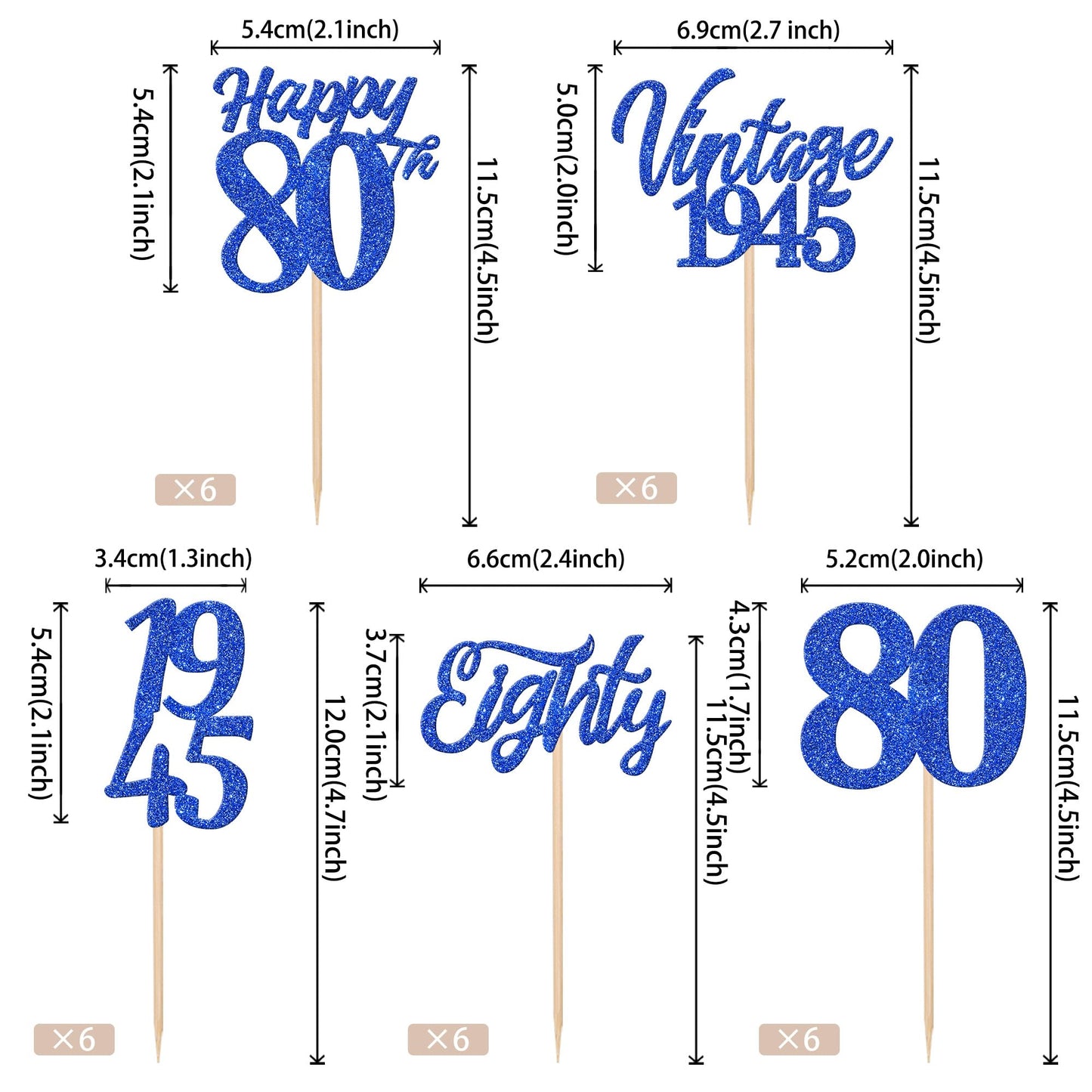 Zhuoweism 30Pcs Happy 80Th Birthday Cupcake Toppers Cheers To 80 Vintage 1945 Eighty Cupcake Picks Blue