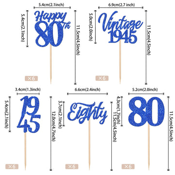 Zhuoweism 30Pcs Happy 80Th Birthday Cupcake Toppers Cheers To 80 Vintage 1945 Eighty Cupcake Picks Blue