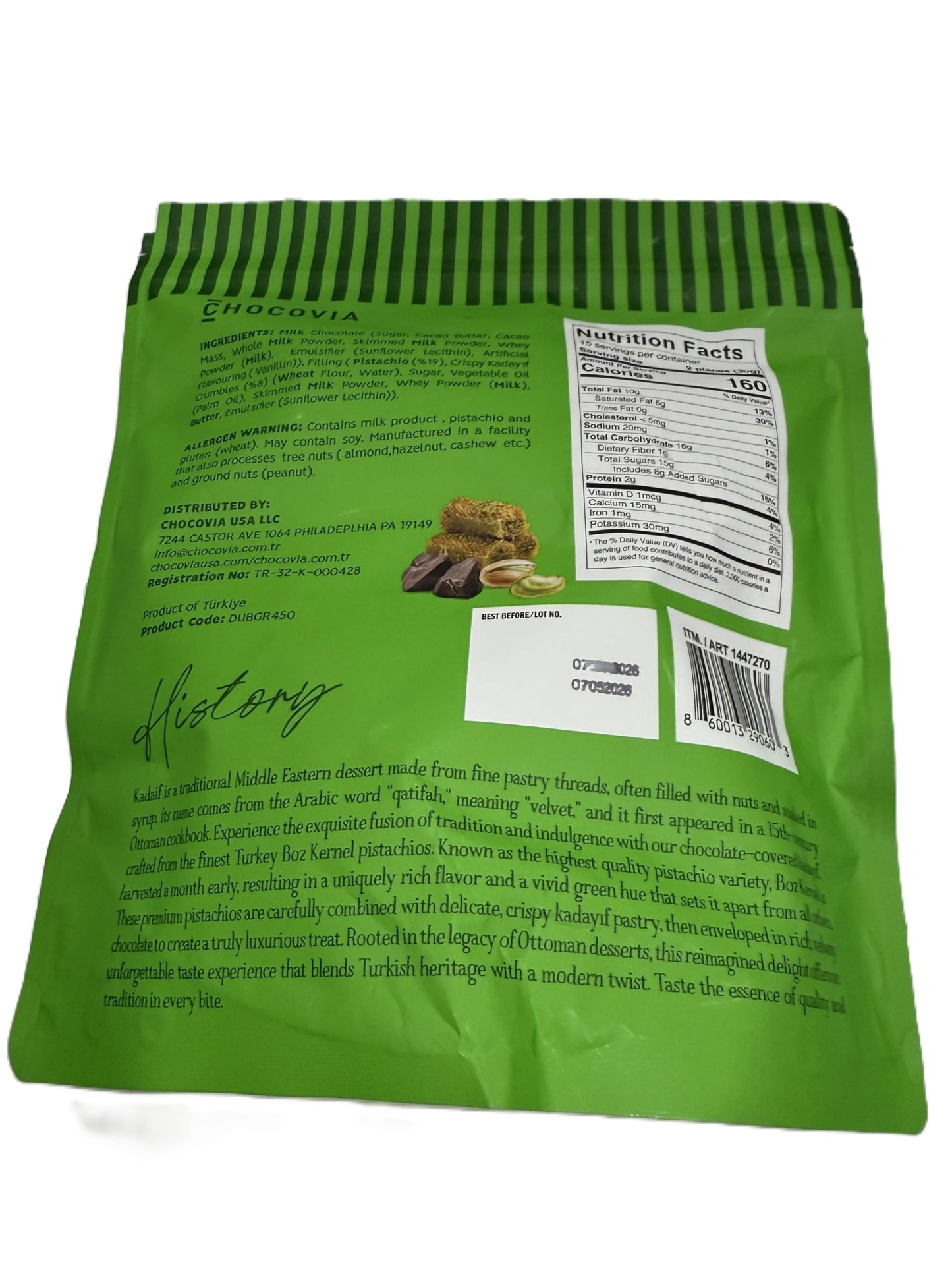 CHOCOVIA Dubai Style Milk Chocolate with Pistachio & Kadaif, 15.87 oz