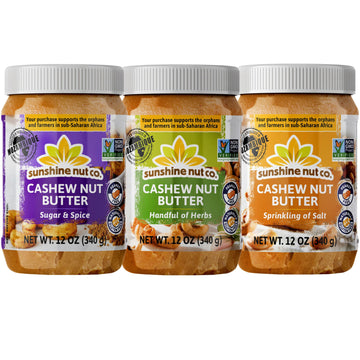 Sunshine Nut Co. Gourmet Cashew Butter Trio (Salt, Herbs, Sugar & Spice) - Creamy Natural Nut Butter, Ethically Sourced, Vegan, 