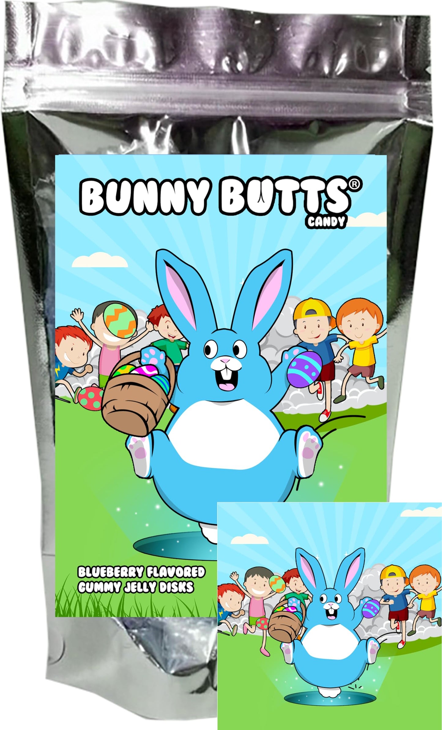 Bunny Butts Gummy Blueberry Flavored Fruit Jelly Disks Funny Unique Easter Basket Stuffer Birthday Gag Gift Candy For Girls, Boys, Kids And Teens (5.5 Ounce)